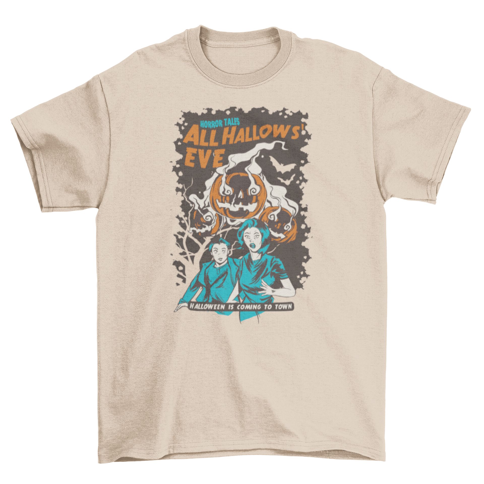 Vintage All Hallows' Eve t-shirt featuring a couple running from ghost pumpkins with Halloween captions.