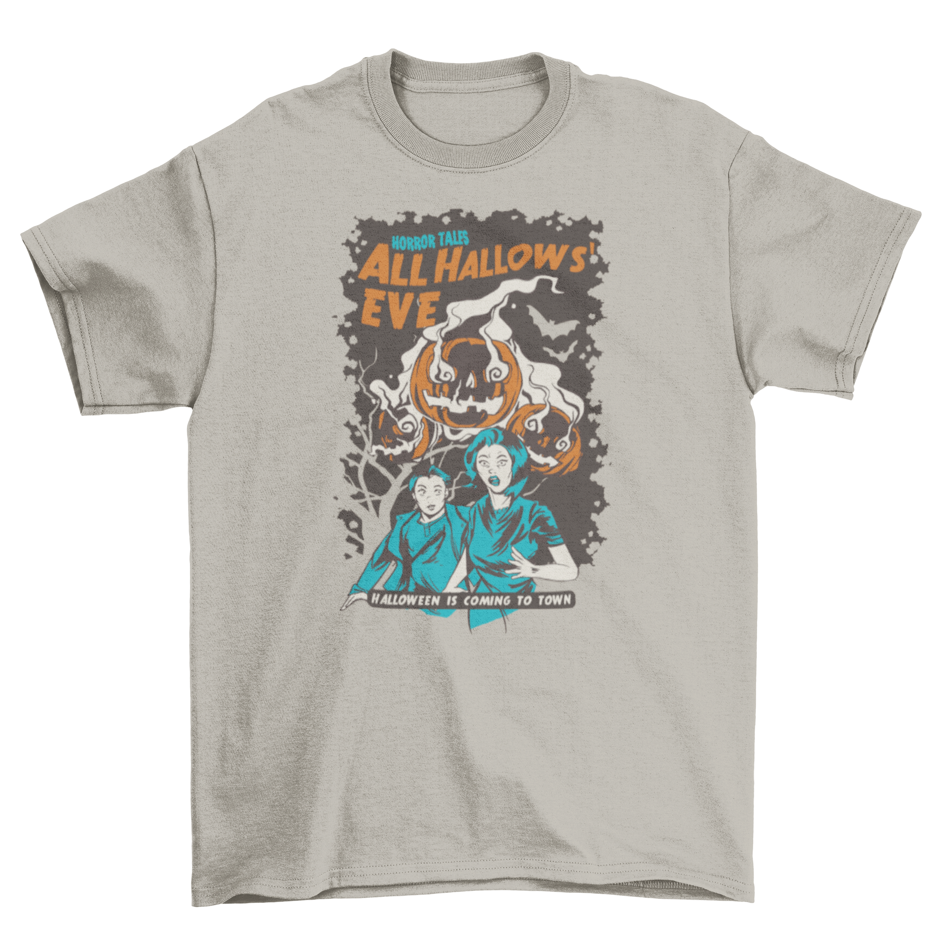 Vintage All Hallows' Eve t-shirt featuring a couple running from ghost pumpkins with Halloween captions.