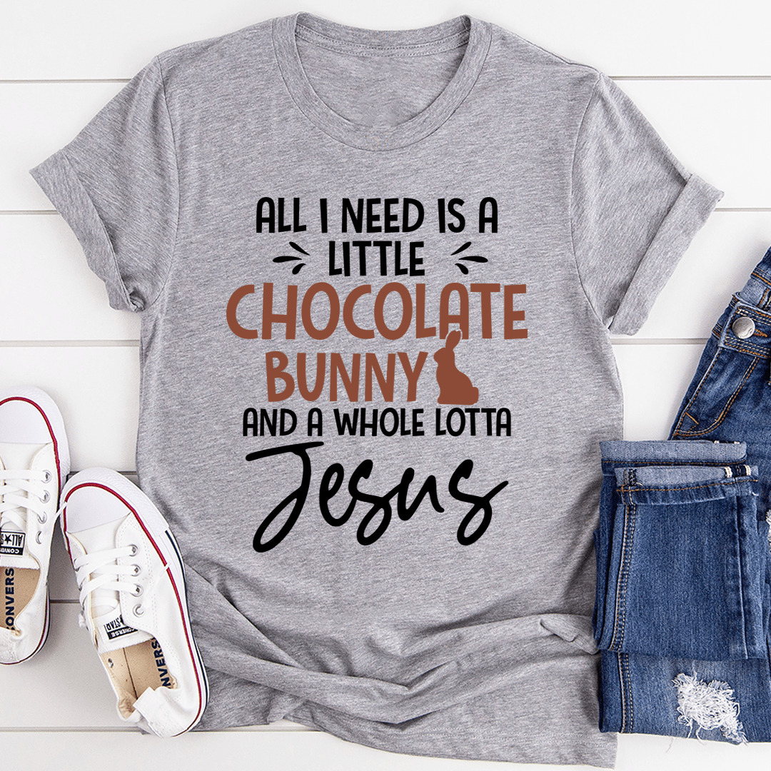 A soft cotton t-shirt featuring a cute chocolate bunny design, perfect for casual wear.