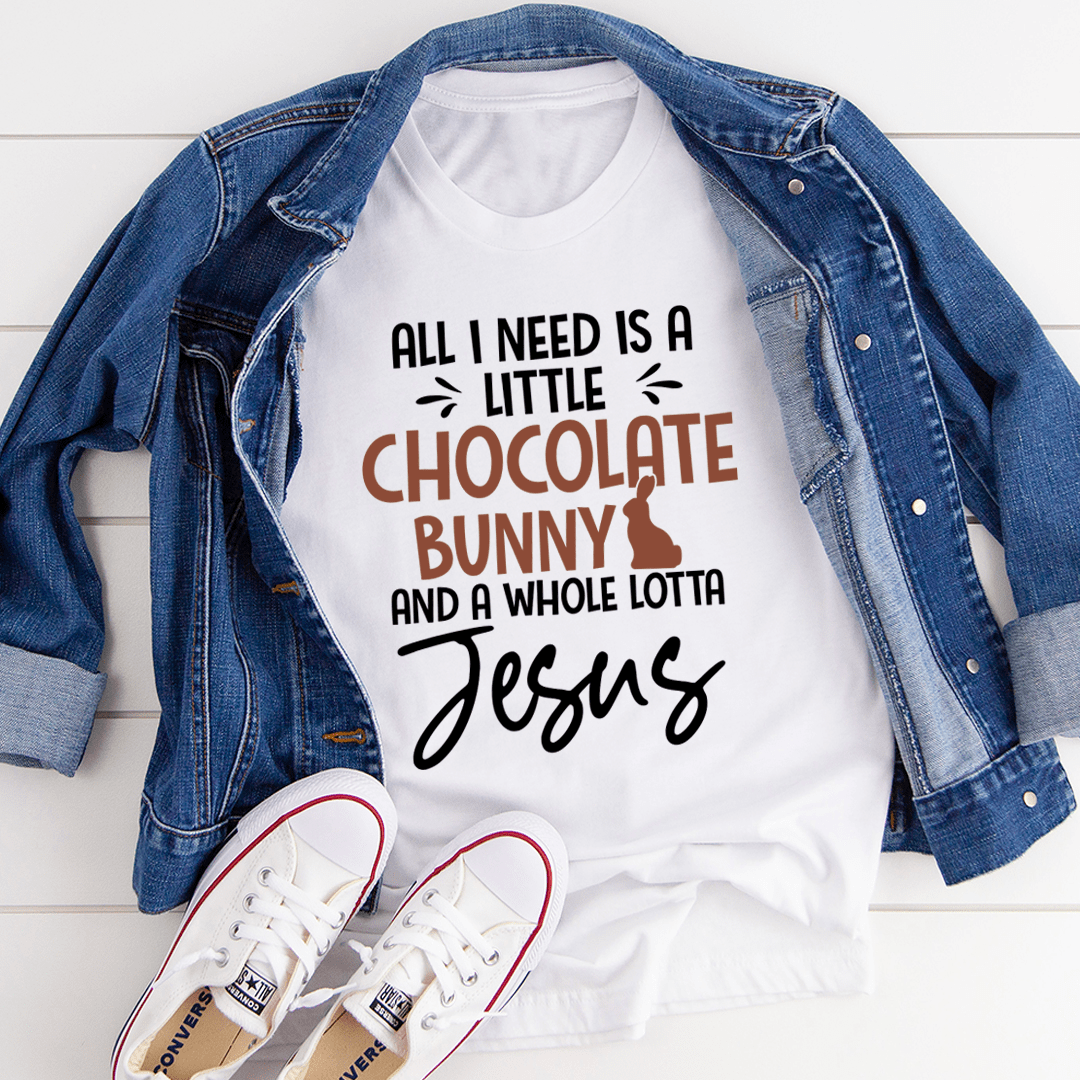 A soft cotton t-shirt featuring a cute chocolate bunny design, perfect for casual wear.