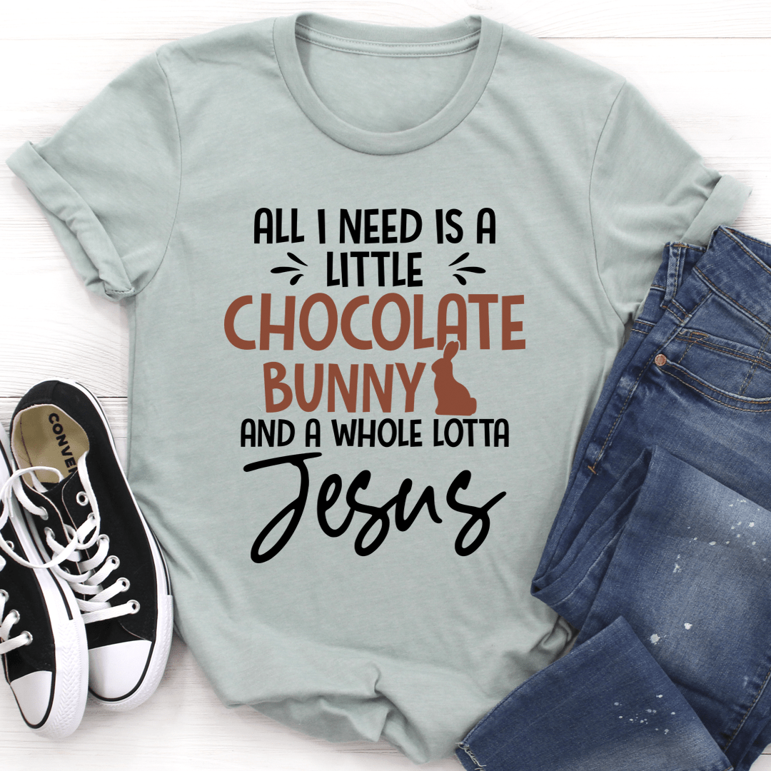 A soft cotton t-shirt featuring a cute chocolate bunny design, perfect for casual wear.