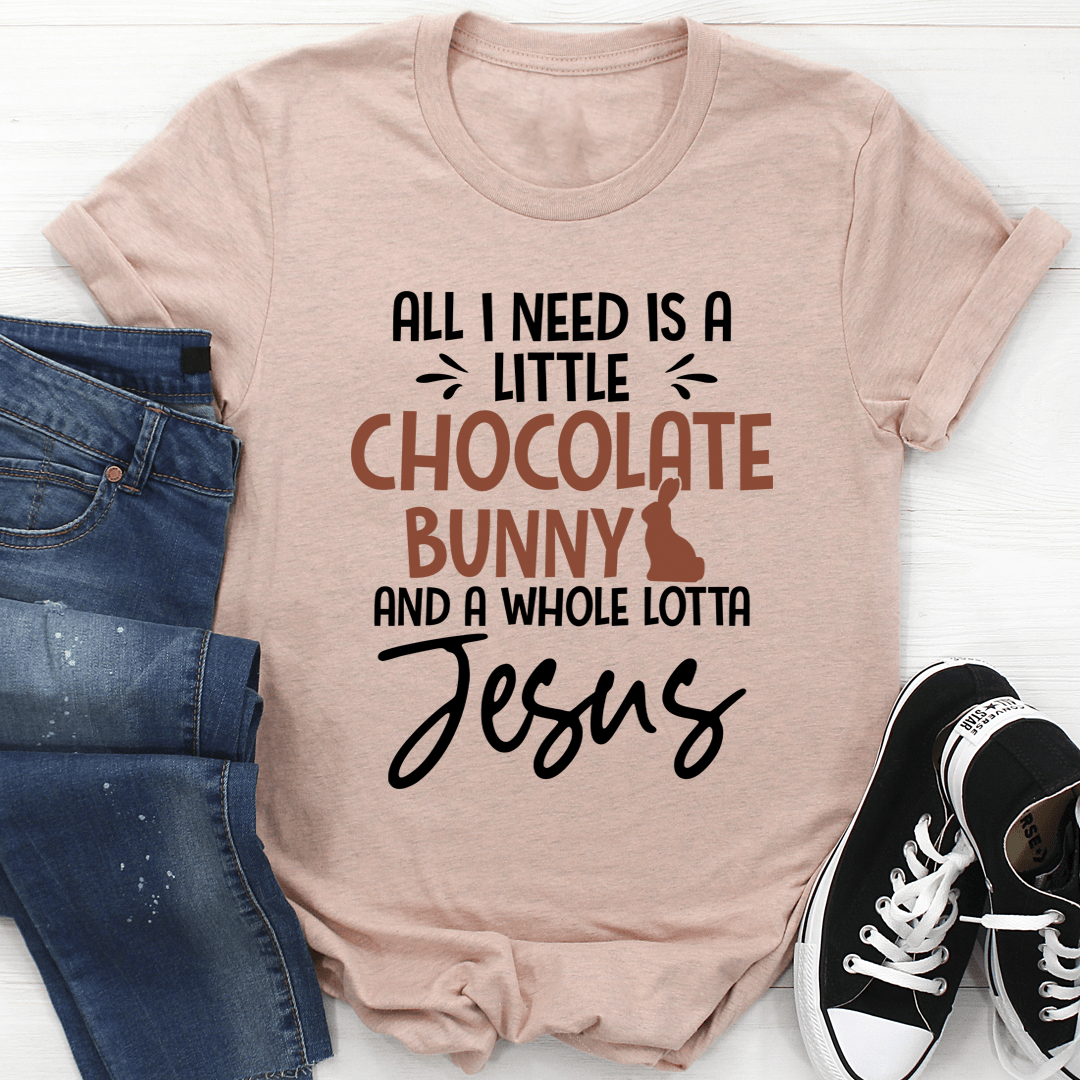 A soft cotton t-shirt featuring a cute chocolate bunny design, perfect for casual wear.
