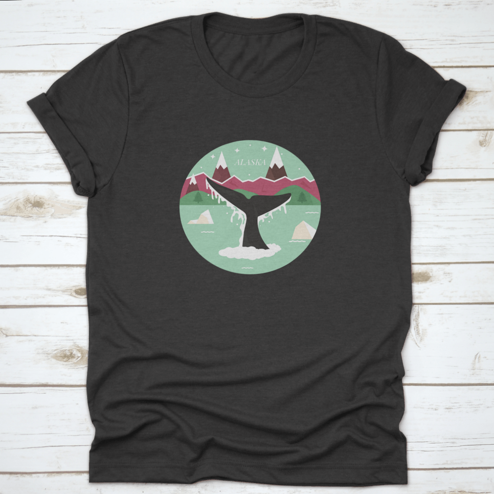 Alaska Glacial Landscape T-shirt featuring a whale logo icon, showcasing a scenic design with mountains and forests.