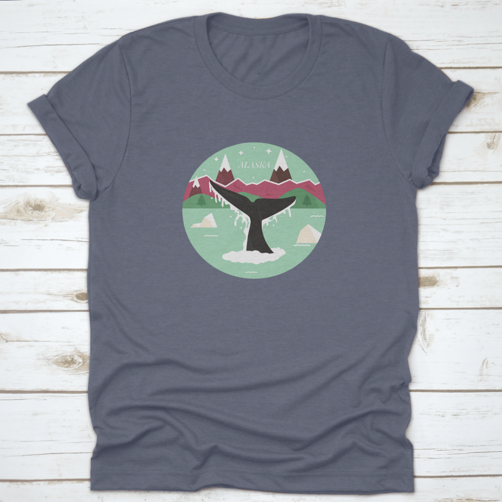 Alaska Glacial Landscape T-shirt featuring a whale logo icon, showcasing a scenic design with mountains and forests.