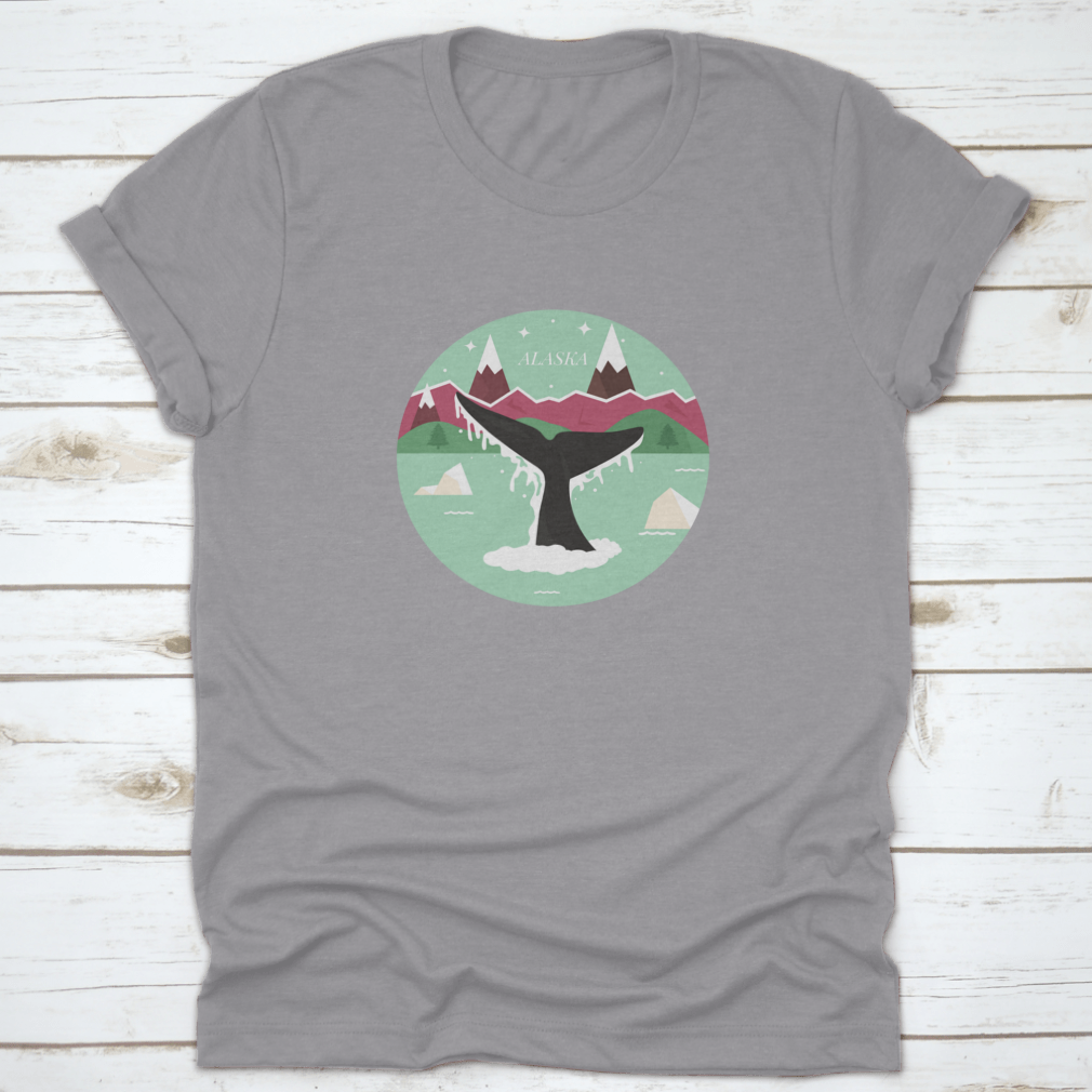 Alaska Glacial Landscape T-shirt featuring a whale logo icon, showcasing a scenic design with mountains and forests.
