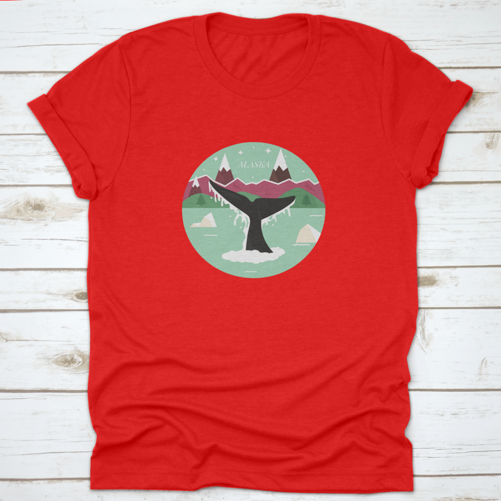 Alaska Glacial Landscape T-shirt featuring a whale logo icon, showcasing a scenic design with mountains and forests.
