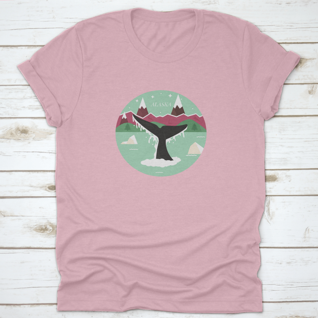 Alaska Glacial Landscape T-shirt featuring a whale logo icon, showcasing a scenic design with mountains and forests.