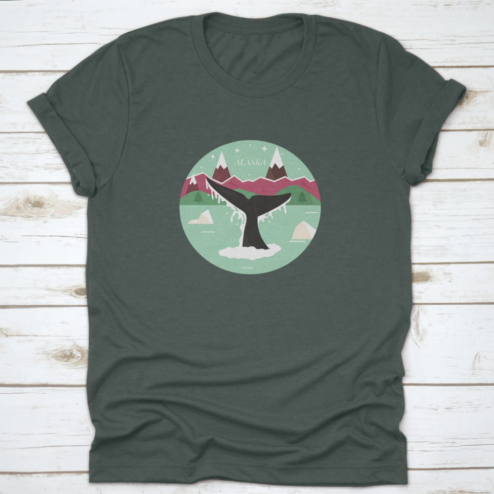 Alaska Glacial Landscape T-shirt featuring a whale logo icon, showcasing a scenic design with mountains and forests.