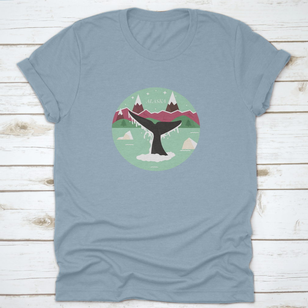 Alaska Glacial Landscape T-shirt featuring a whale logo icon, showcasing a scenic design with mountains and forests.