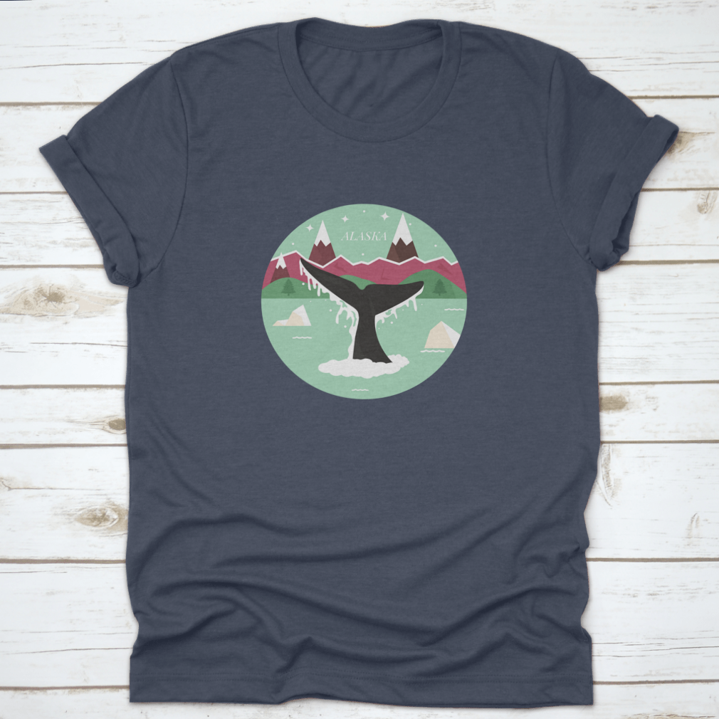 Alaska Glacial Landscape T-shirt featuring a whale logo icon, showcasing a scenic design with mountains and forests.