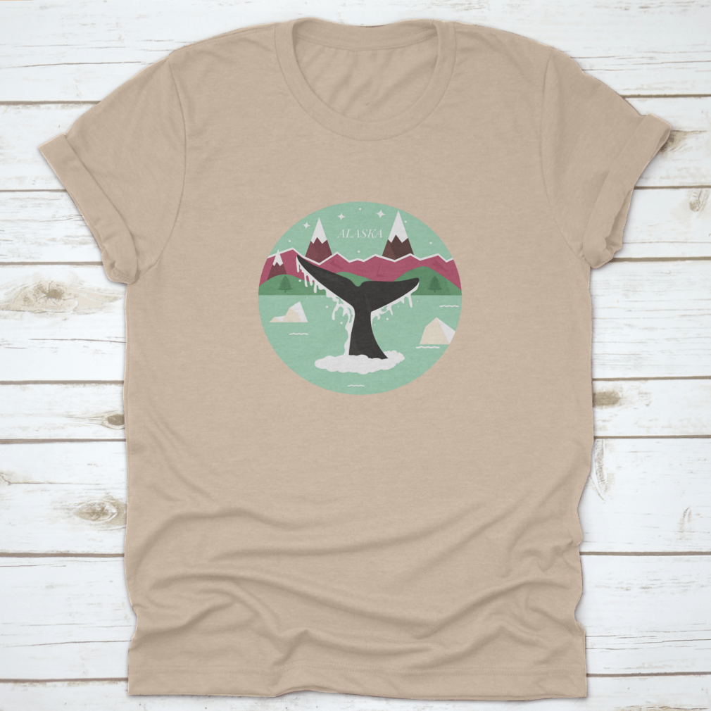 Alaska Glacial Landscape T-shirt featuring a whale logo icon, showcasing a scenic design with mountains and forests.