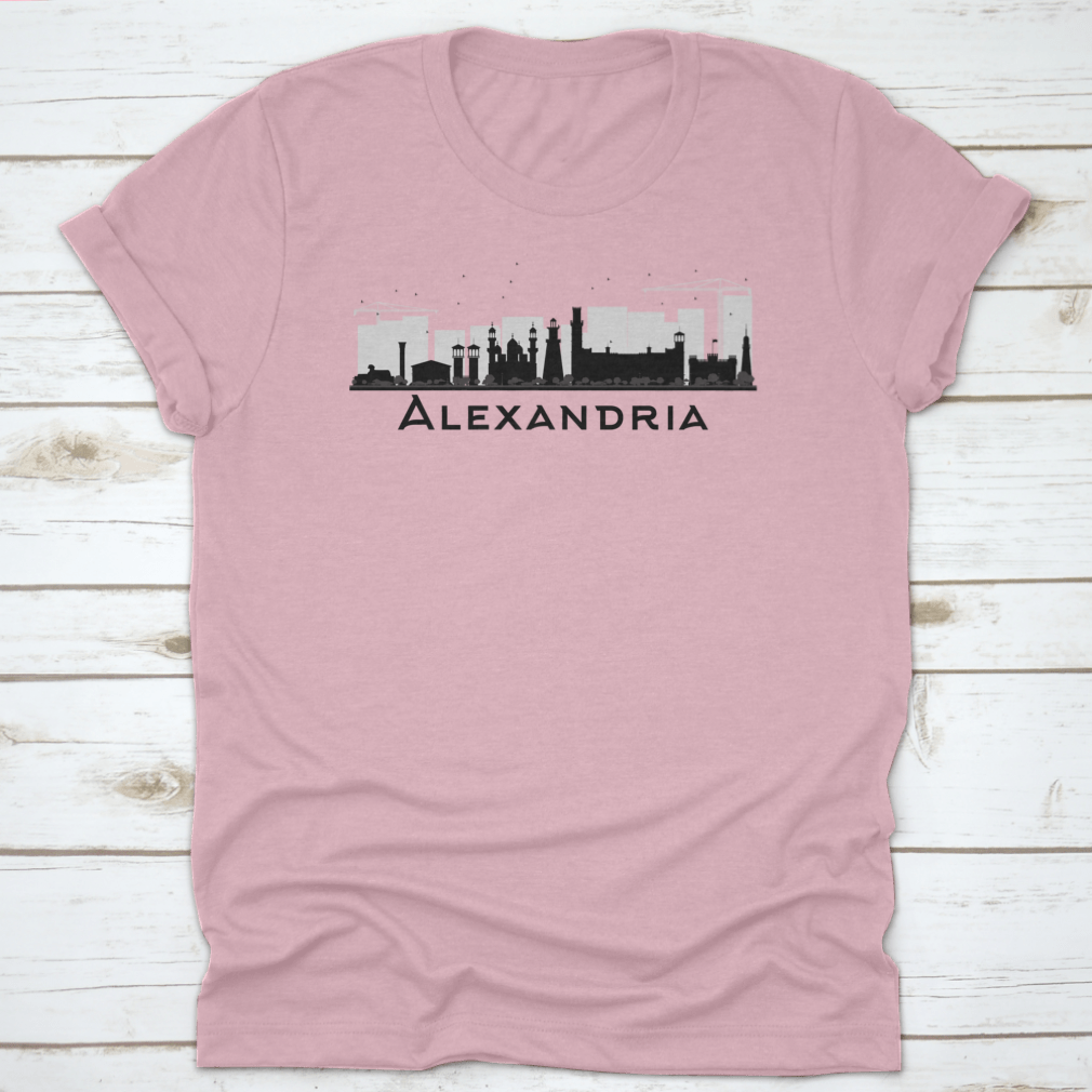 Black and white silhouette of Alexandria City Skyline, showcasing iconic buildings and structures in a stylish vector design.