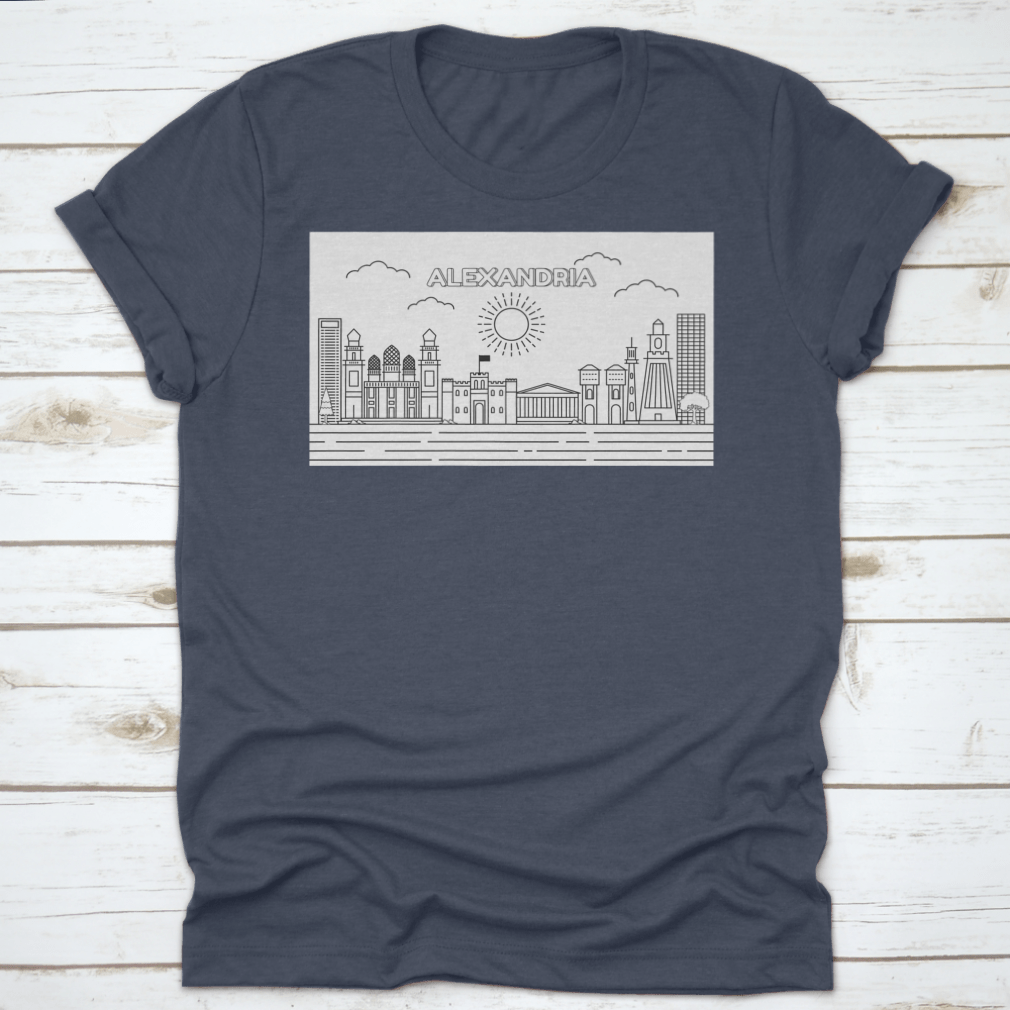 A stylish t-shirt featuring a line art illustration of the Alexandria skyline, showcasing its iconic buildings and structures.