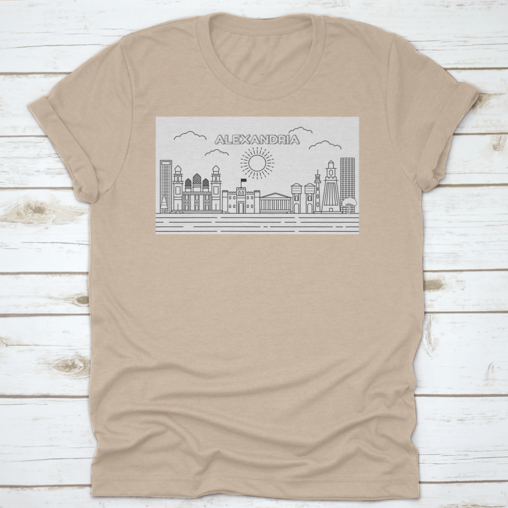 A stylish t-shirt featuring a line art illustration of the Alexandria skyline, showcasing its iconic buildings and structures.