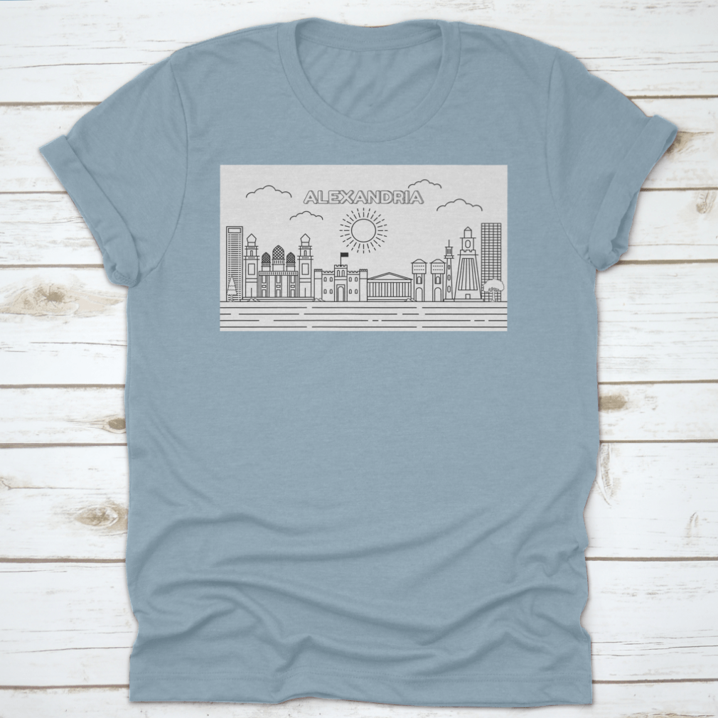 A stylish t-shirt featuring a line art illustration of the Alexandria skyline, showcasing its iconic buildings and structures.