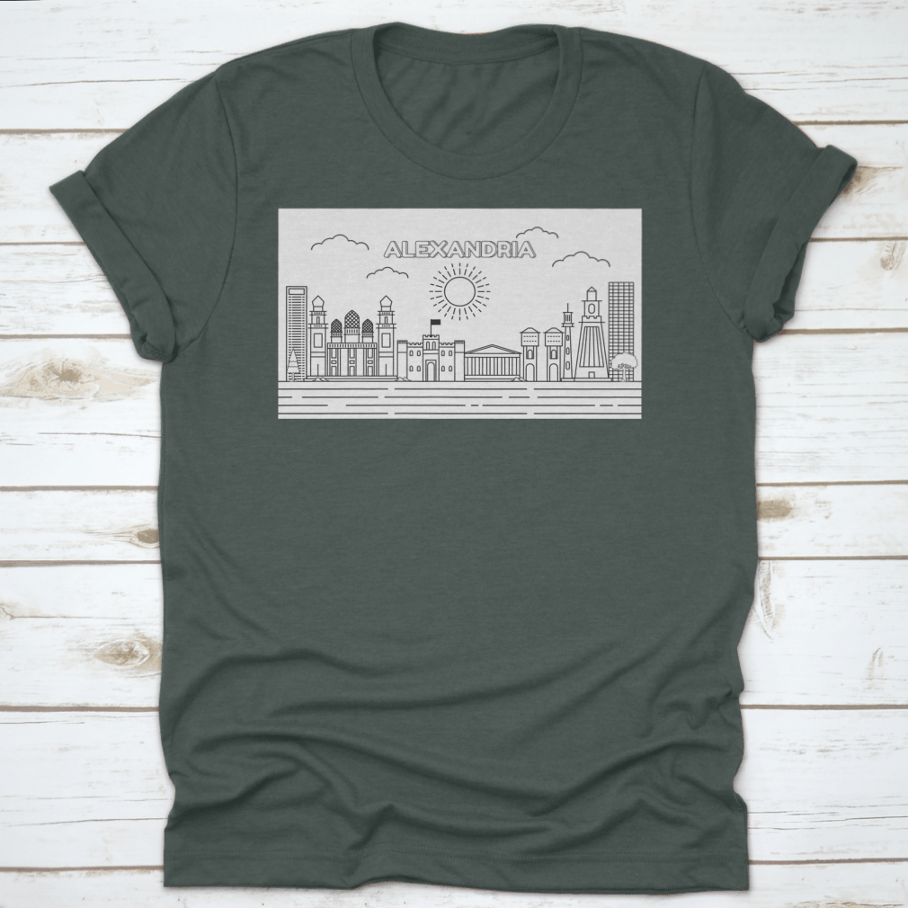 A stylish t-shirt featuring a line art illustration of the Alexandria skyline, showcasing its iconic buildings and structures.