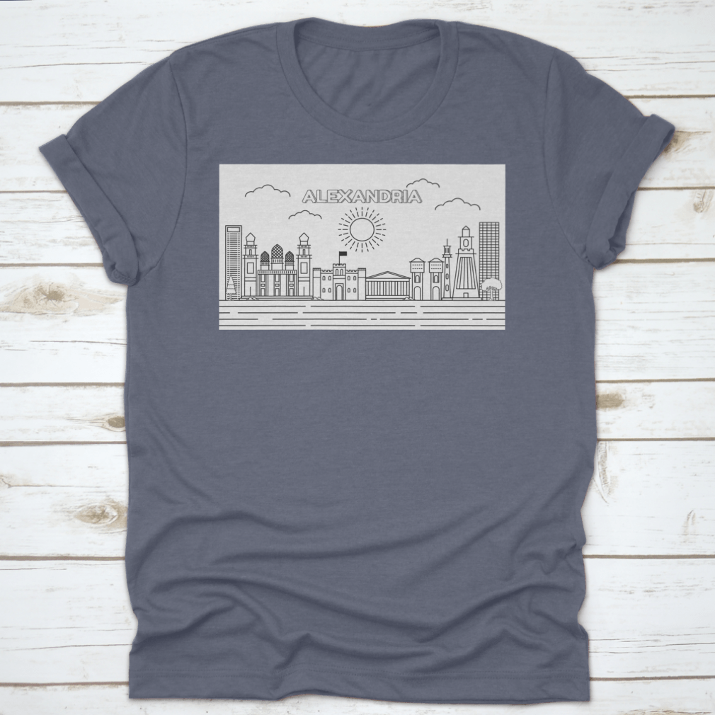 A stylish t-shirt featuring a line art illustration of the Alexandria skyline, showcasing its iconic buildings and structures.