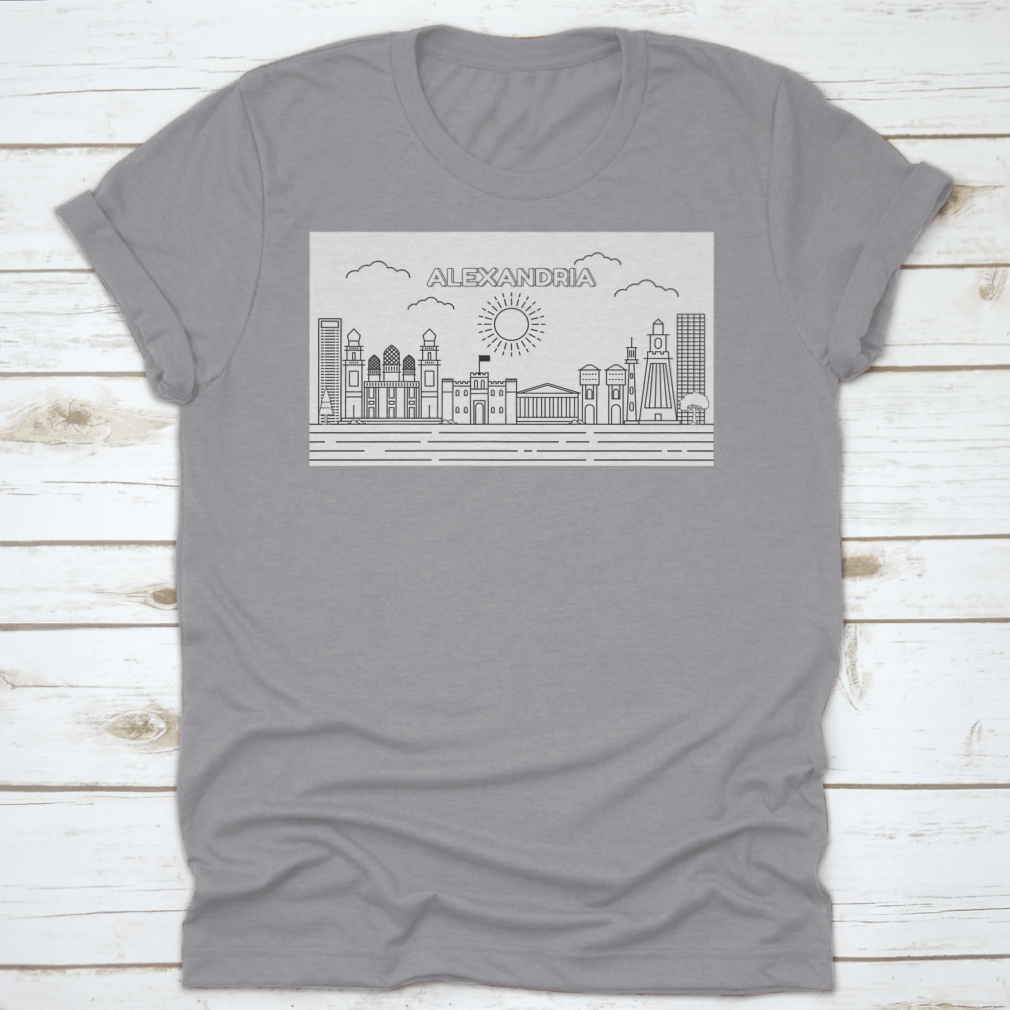 A stylish t-shirt featuring a line art illustration of the Alexandria skyline, showcasing its iconic buildings and structures.