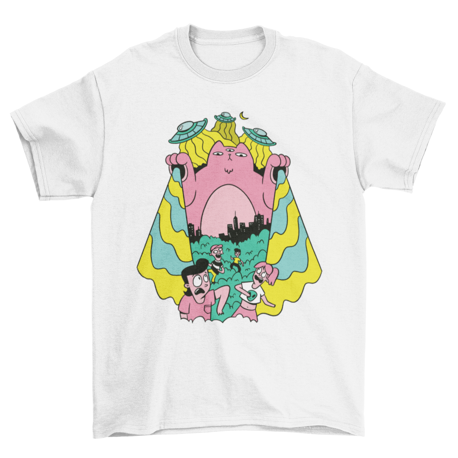 A vibrant t-shirt featuring a giant alien cat playfully terrorizing a group of people, showcasing a unique and fun design.