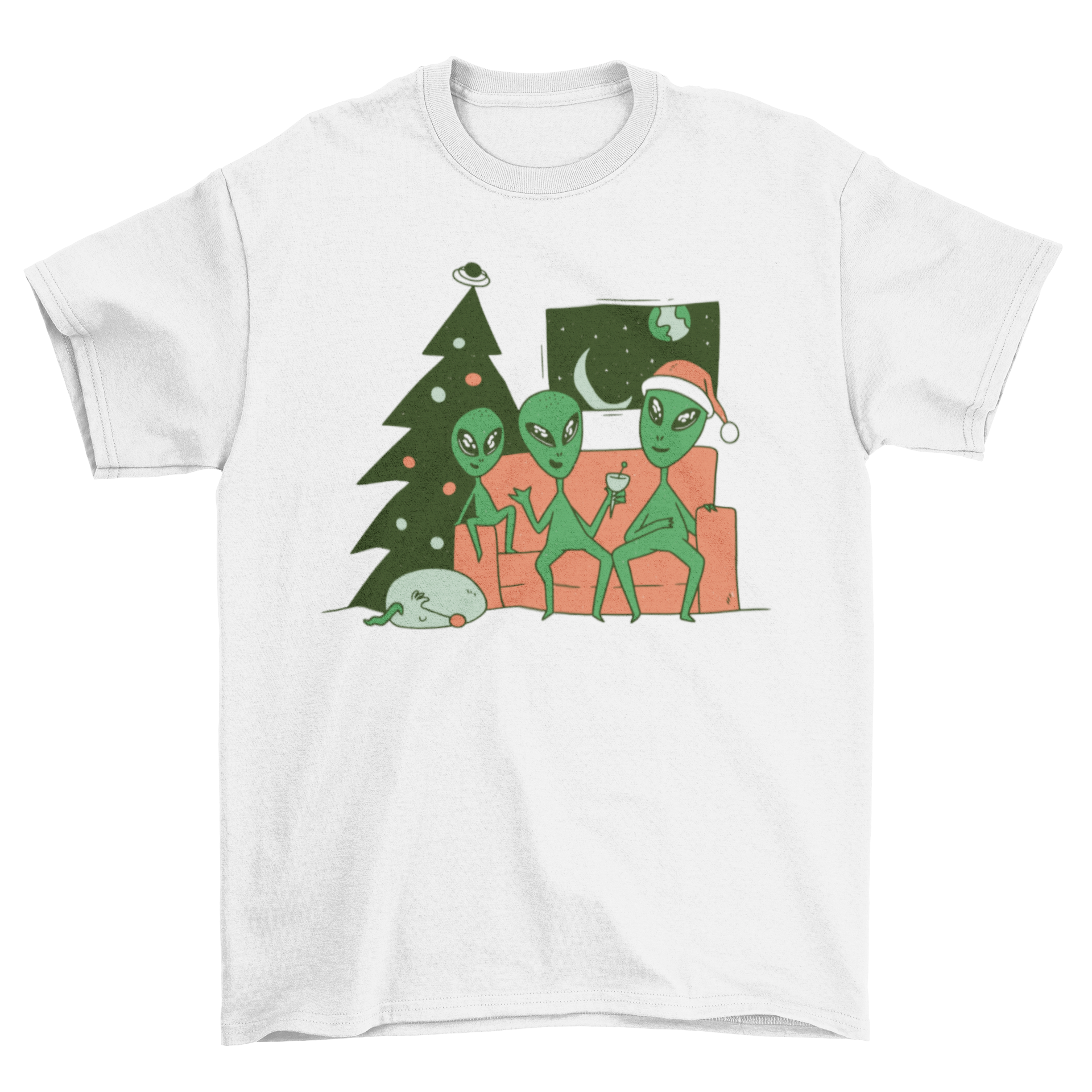 Funny Alien Christmas t-shirt featuring a family of aliens celebrating the holiday season.