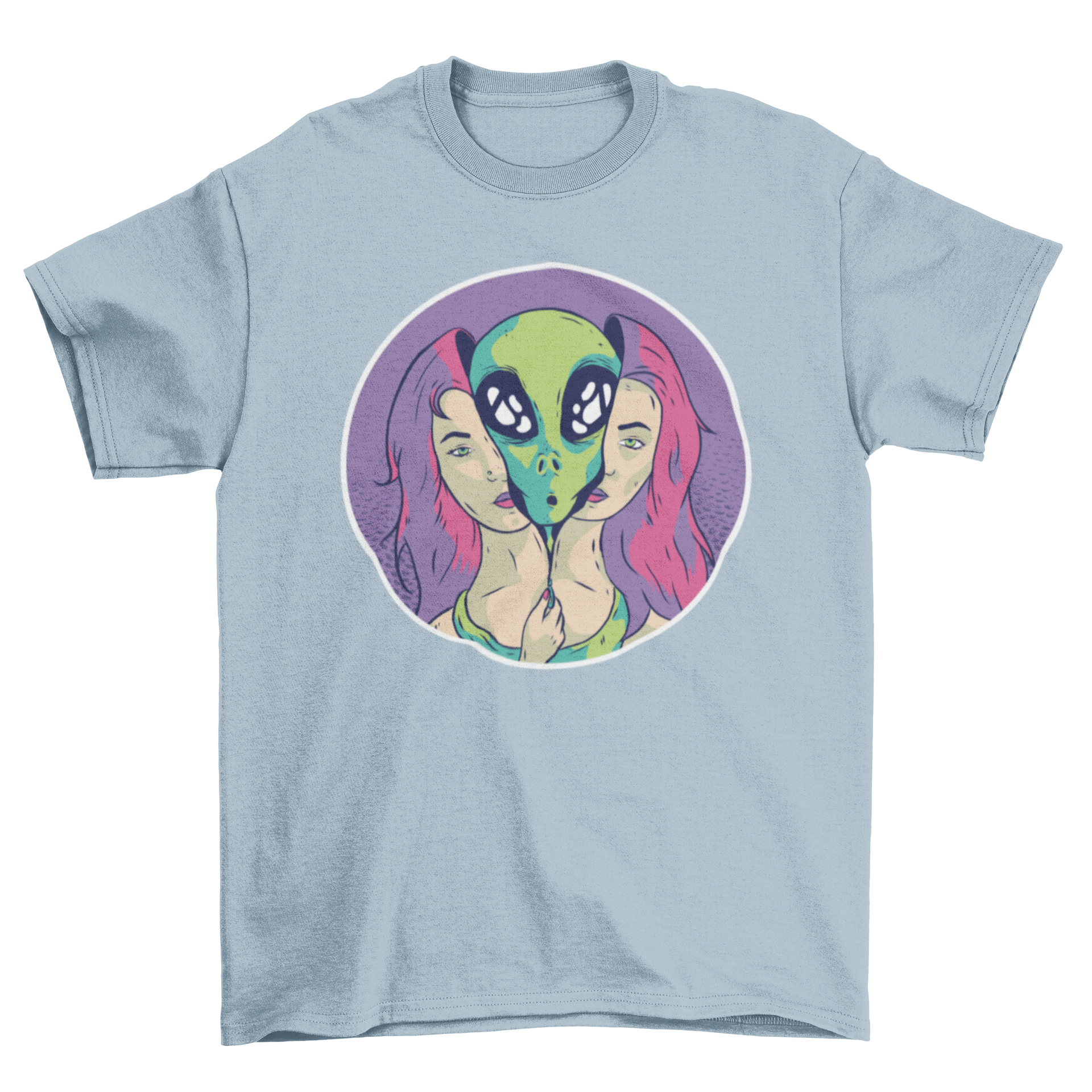A graphic T-shirt featuring an alien design with a young woman unzipping her skin as a suit, showcasing a unique and artistic concept.
