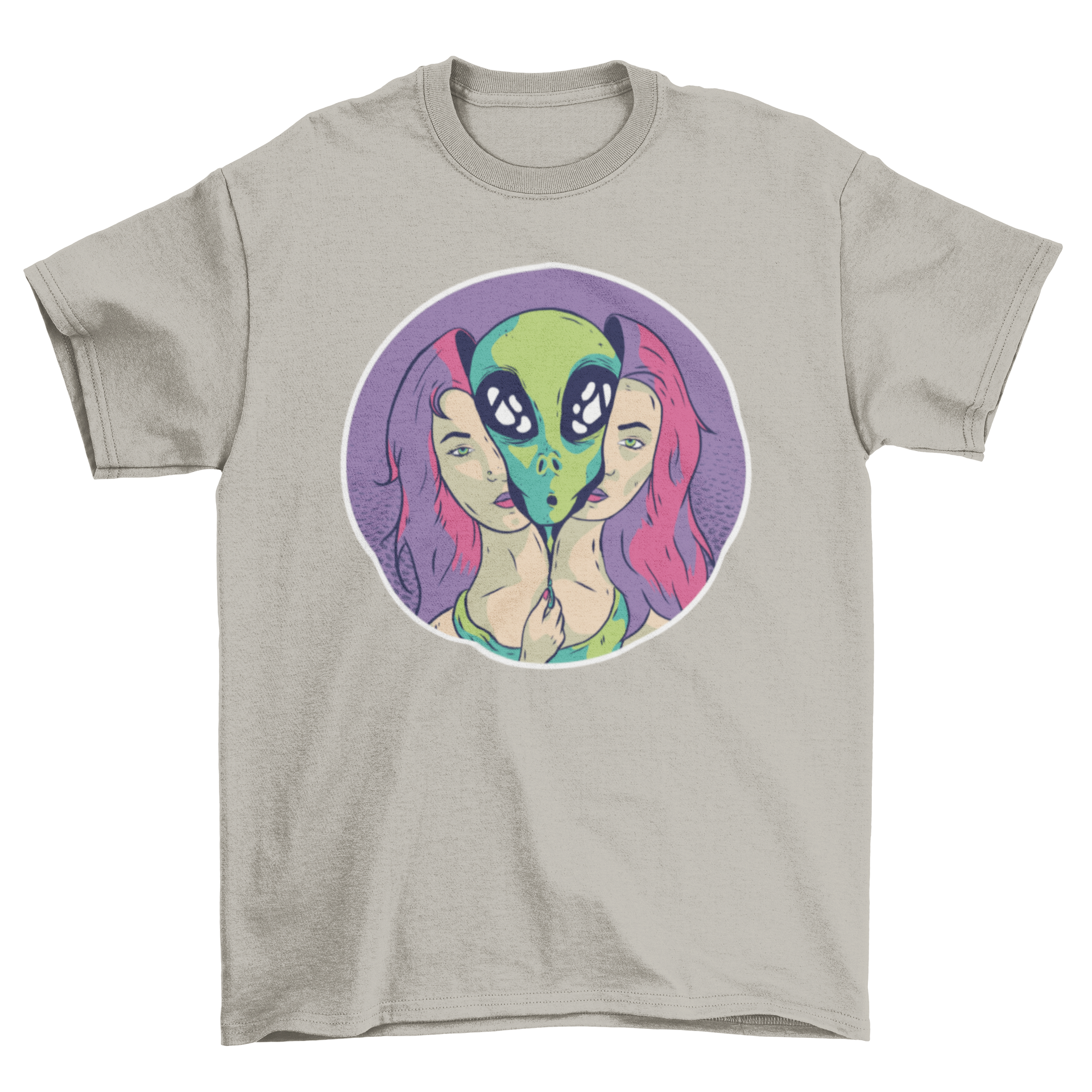 A graphic T-shirt featuring an alien design with a young woman unzipping her skin as a suit, showcasing a unique and artistic concept.