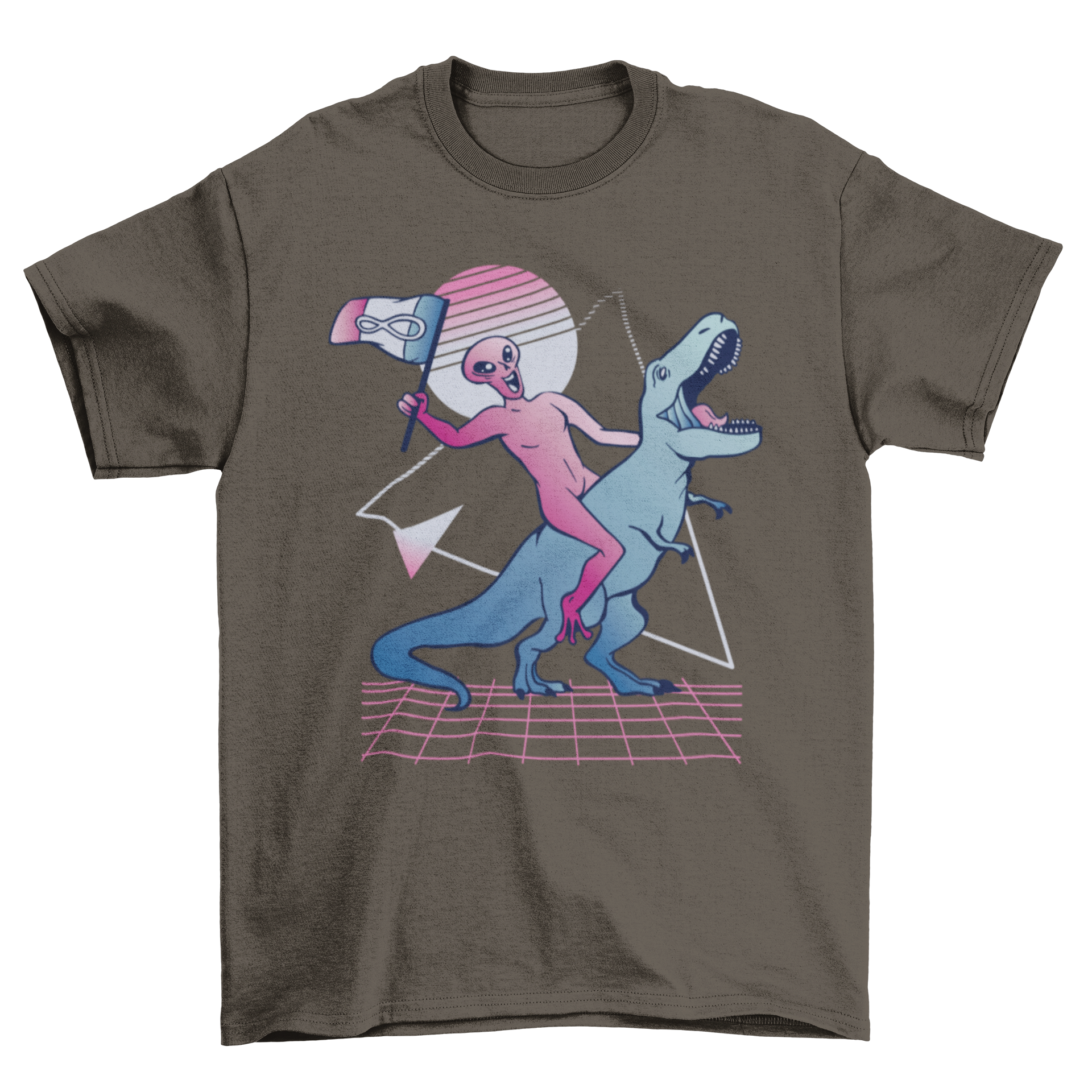 A vibrant t-shirt featuring an alien riding a T-Rex dinosaur, showcasing a fun and unique design.