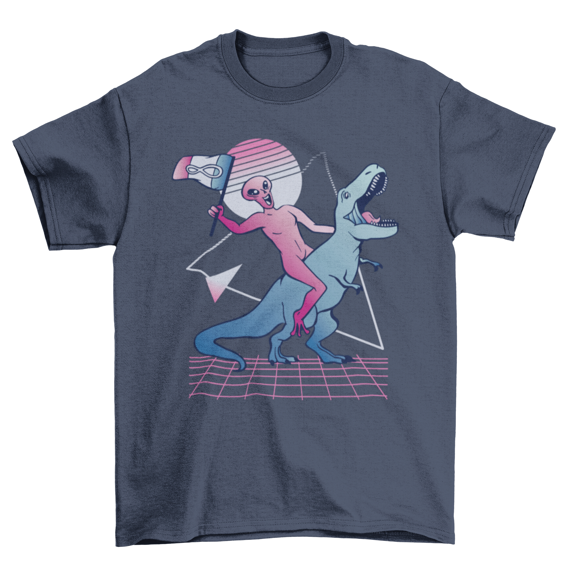 A vibrant t-shirt featuring an alien riding a T-Rex dinosaur, showcasing a fun and unique design.