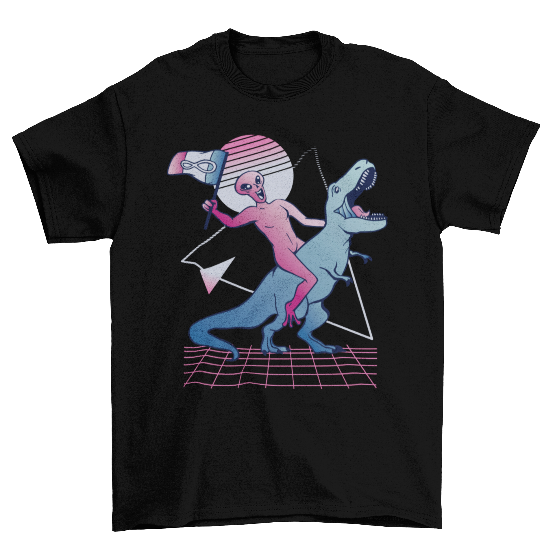 A vibrant t-shirt featuring an alien riding a T-Rex dinosaur, showcasing a fun and unique design.