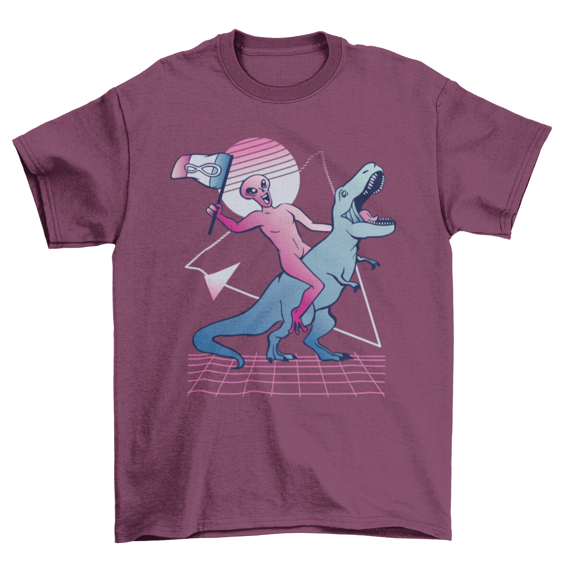 A vibrant t-shirt featuring an alien riding a T-Rex dinosaur, showcasing a fun and unique design.