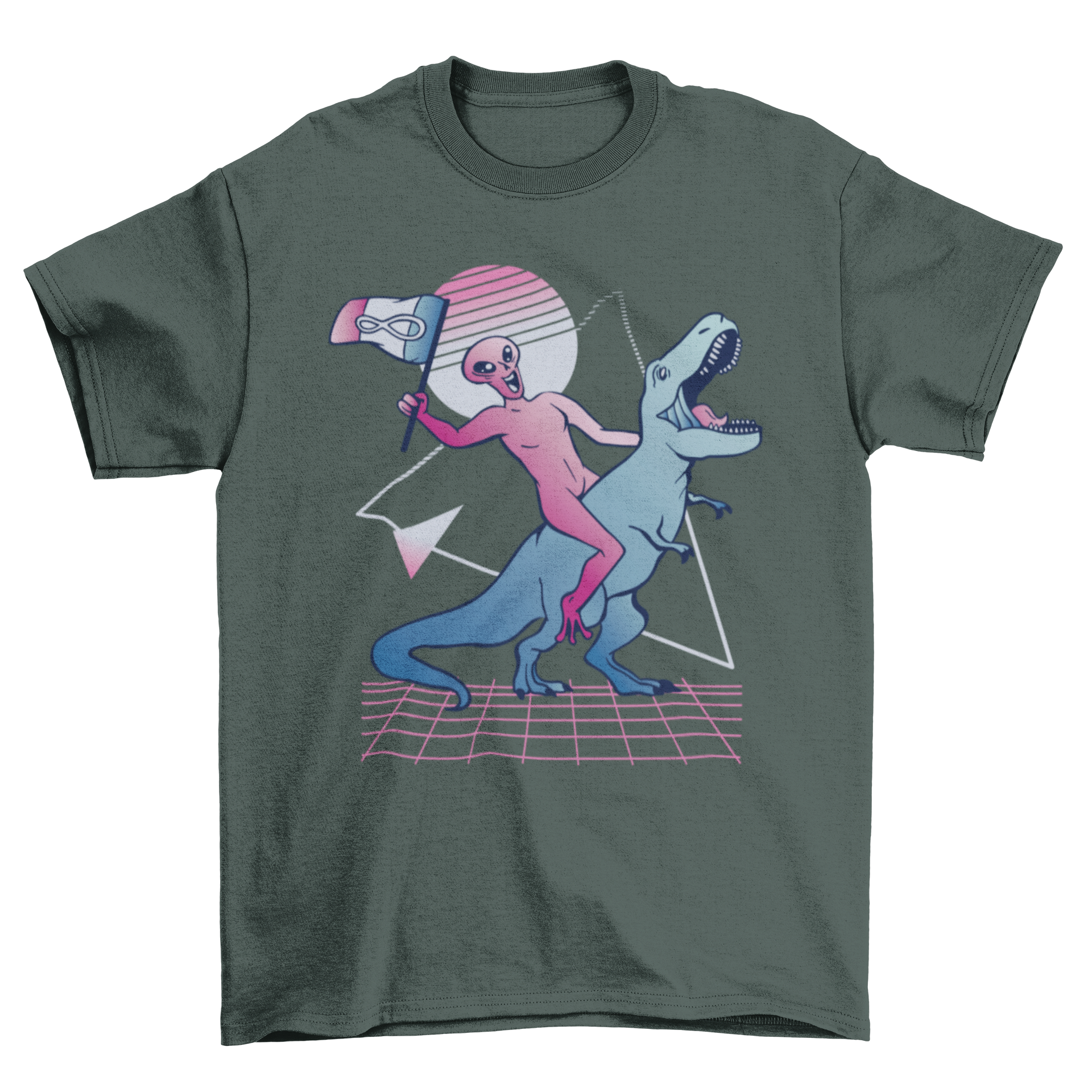 A vibrant t-shirt featuring an alien riding a T-Rex dinosaur, showcasing a fun and unique design.