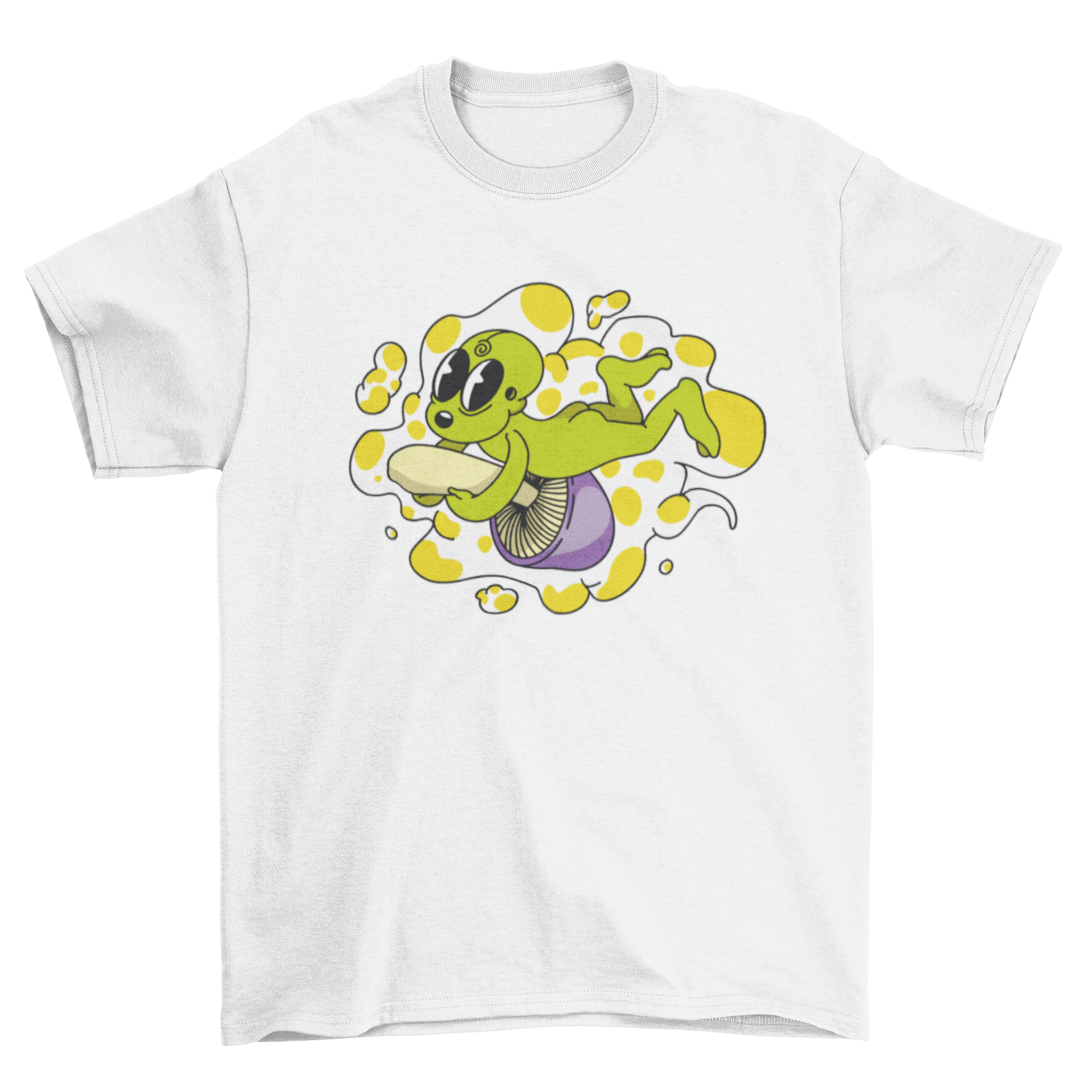 A vibrant t-shirt featuring a whimsical alien riding a colorful mushroom, perfect for quirky fashion enthusiasts.