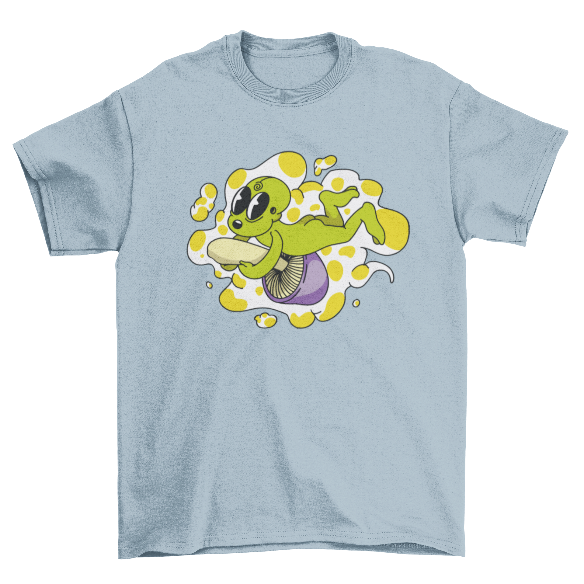 A vibrant t-shirt featuring a whimsical alien riding a colorful mushroom, perfect for quirky fashion enthusiasts.
