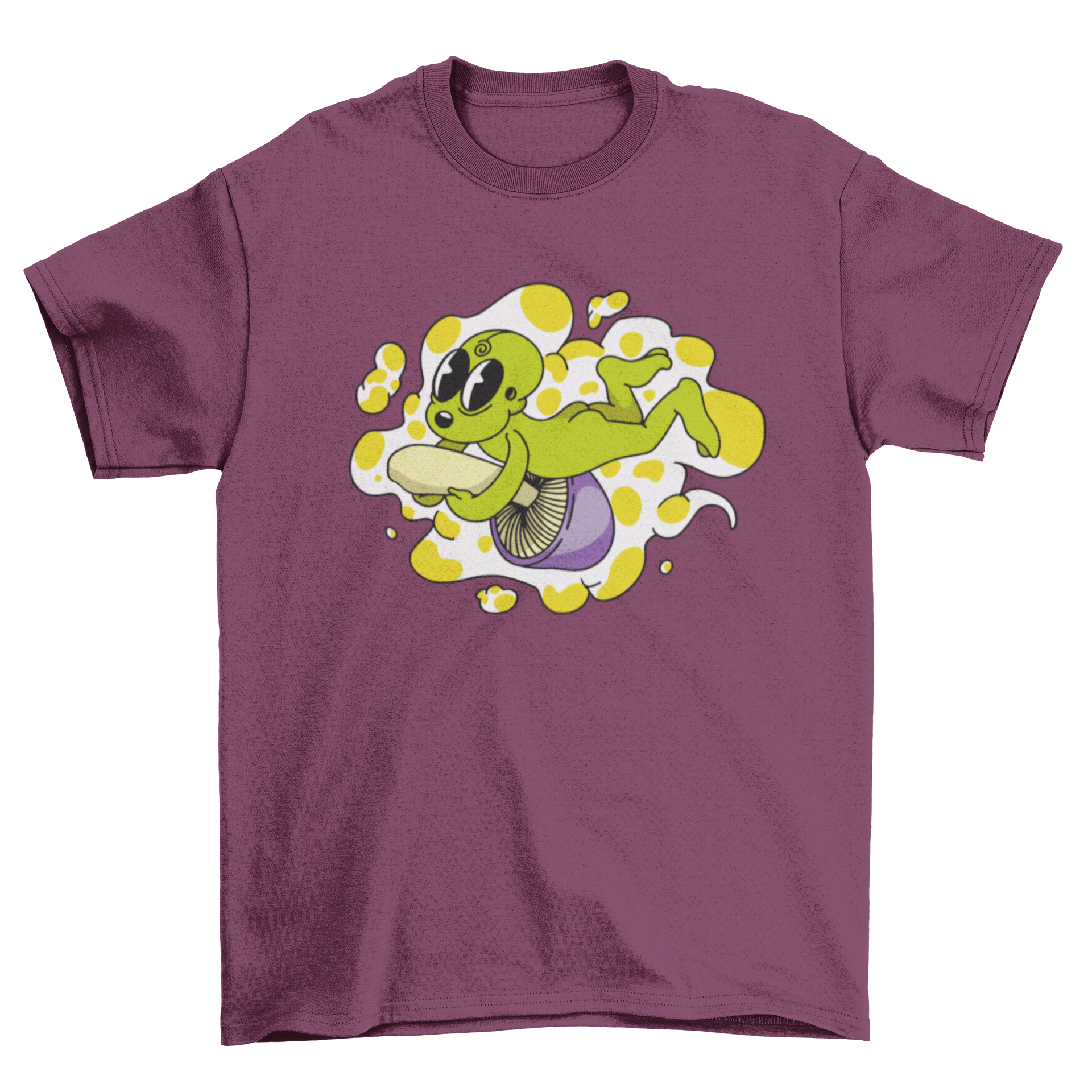 A vibrant t-shirt featuring a whimsical alien riding a colorful mushroom, perfect for quirky fashion enthusiasts.