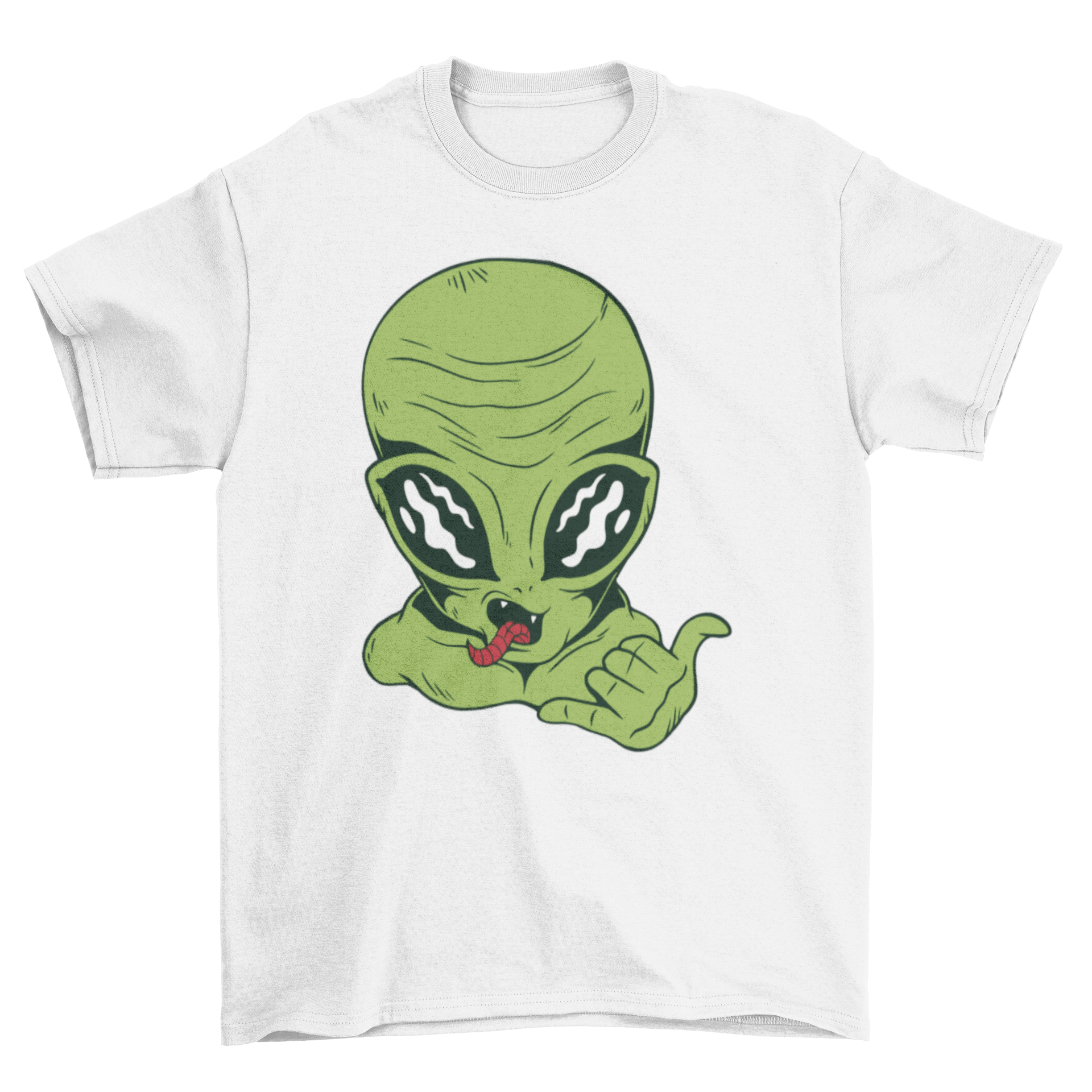 A vibrant t-shirt featuring an alien making the shaka sign with its tongue out, showcasing a fun and playful design.