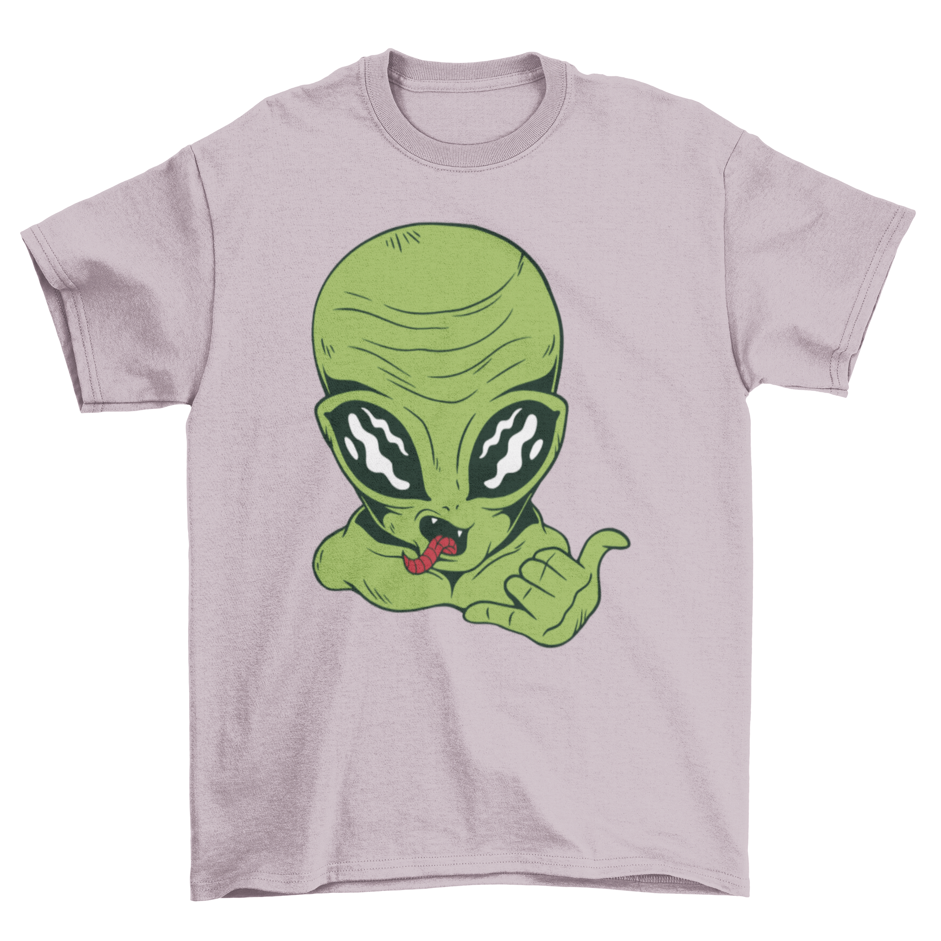 A vibrant t-shirt featuring an alien making the shaka sign with its tongue out, showcasing a fun and playful design.