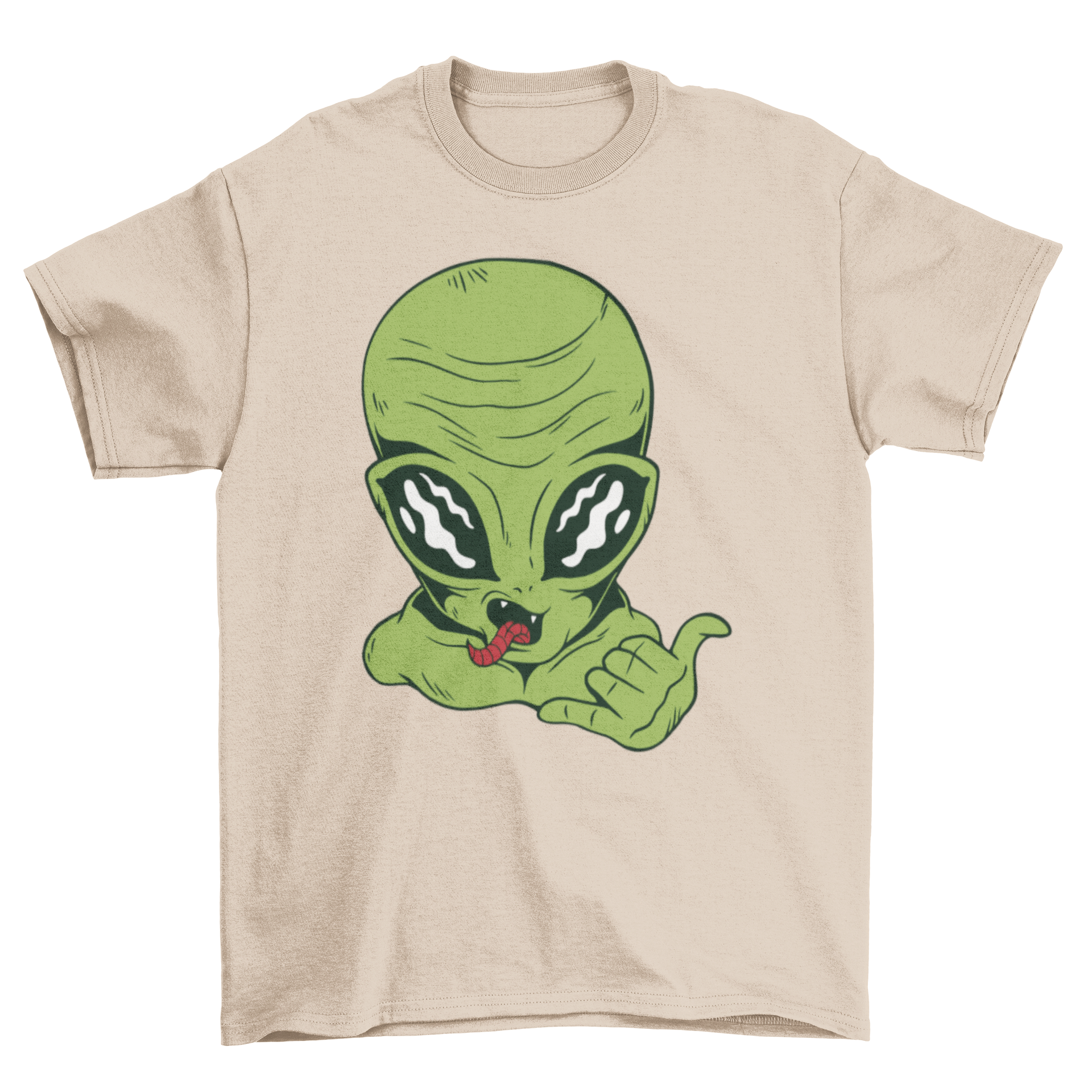 A vibrant t-shirt featuring an alien making the shaka sign with its tongue out, showcasing a fun and playful design.