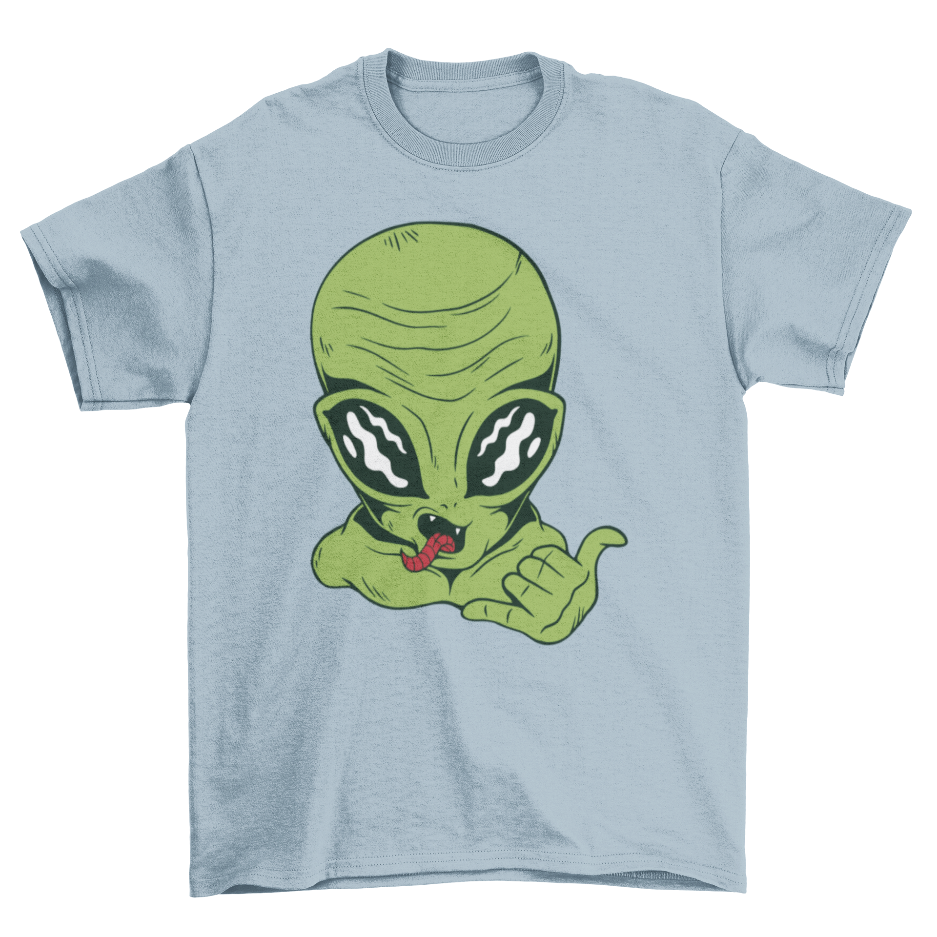 A vibrant t-shirt featuring an alien making the shaka sign with its tongue out, showcasing a fun and playful design.