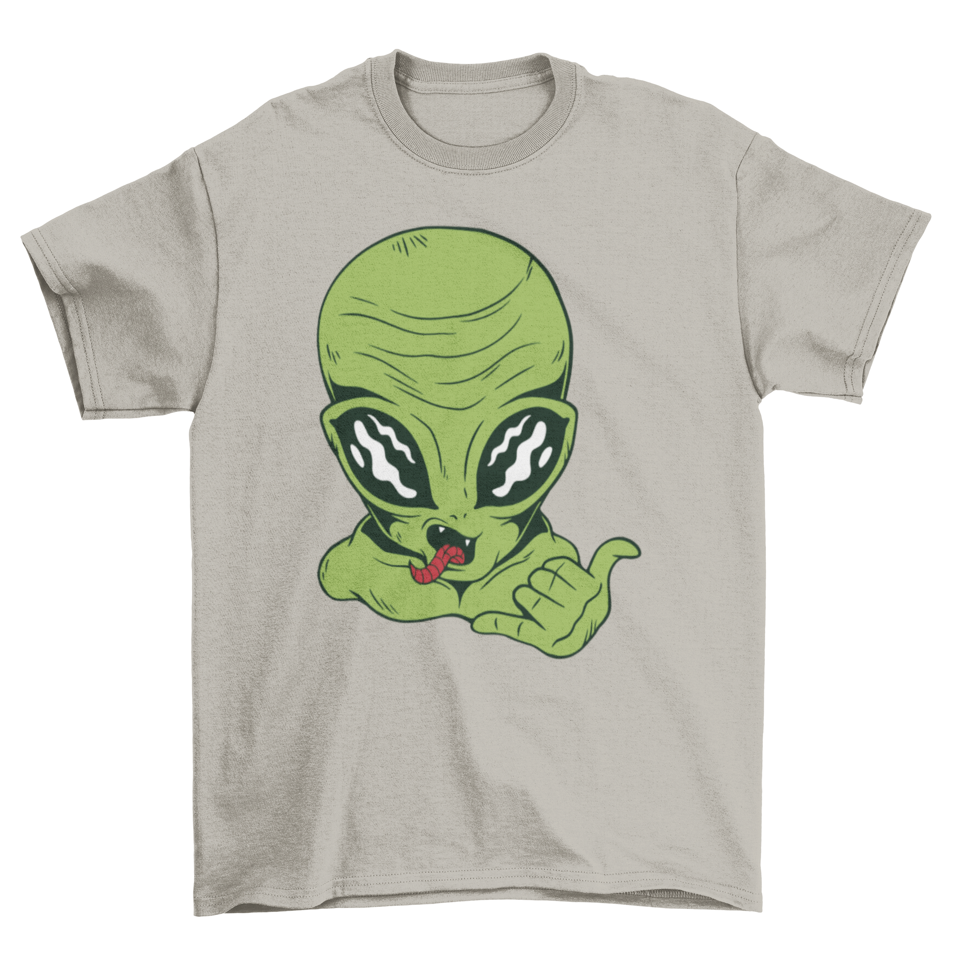 A vibrant t-shirt featuring an alien making the shaka sign with its tongue out, showcasing a fun and playful design.