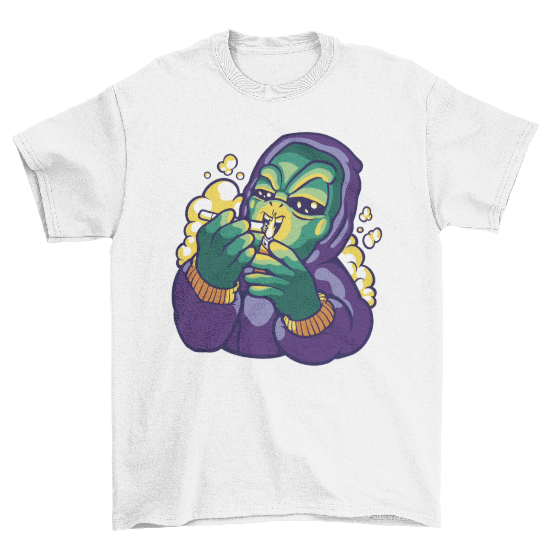 A vibrant cartoon t-shirt featuring an alien in a hoodie smoking weed, showcasing a fun and unique design.