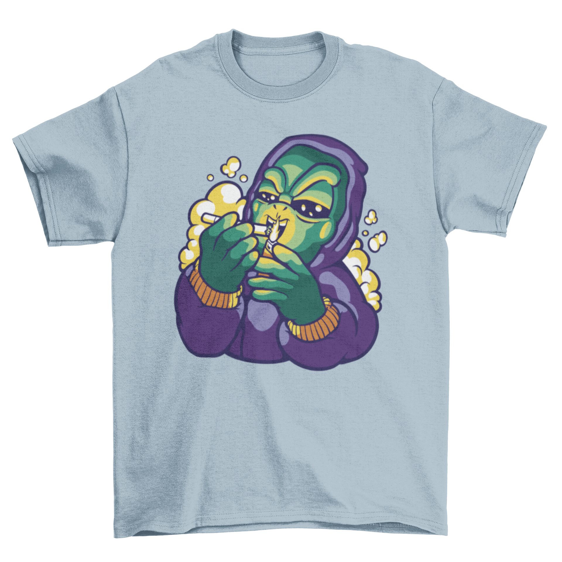 A vibrant cartoon t-shirt featuring an alien in a hoodie smoking weed, showcasing a fun and unique design.