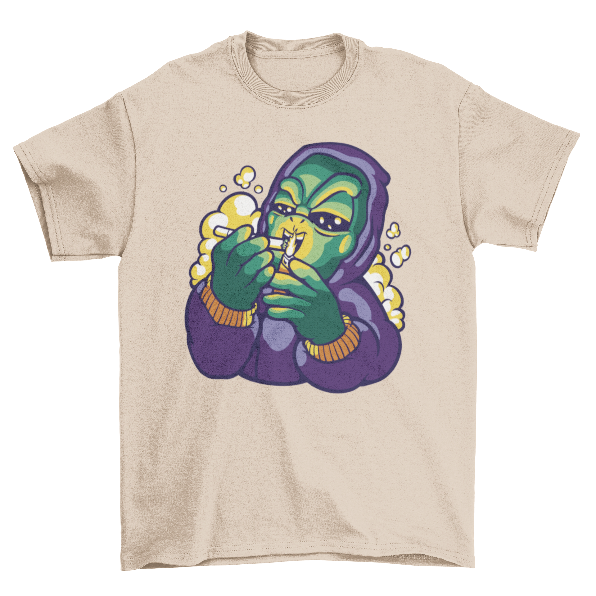 A vibrant cartoon t-shirt featuring an alien in a hoodie smoking weed, showcasing a fun and unique design.