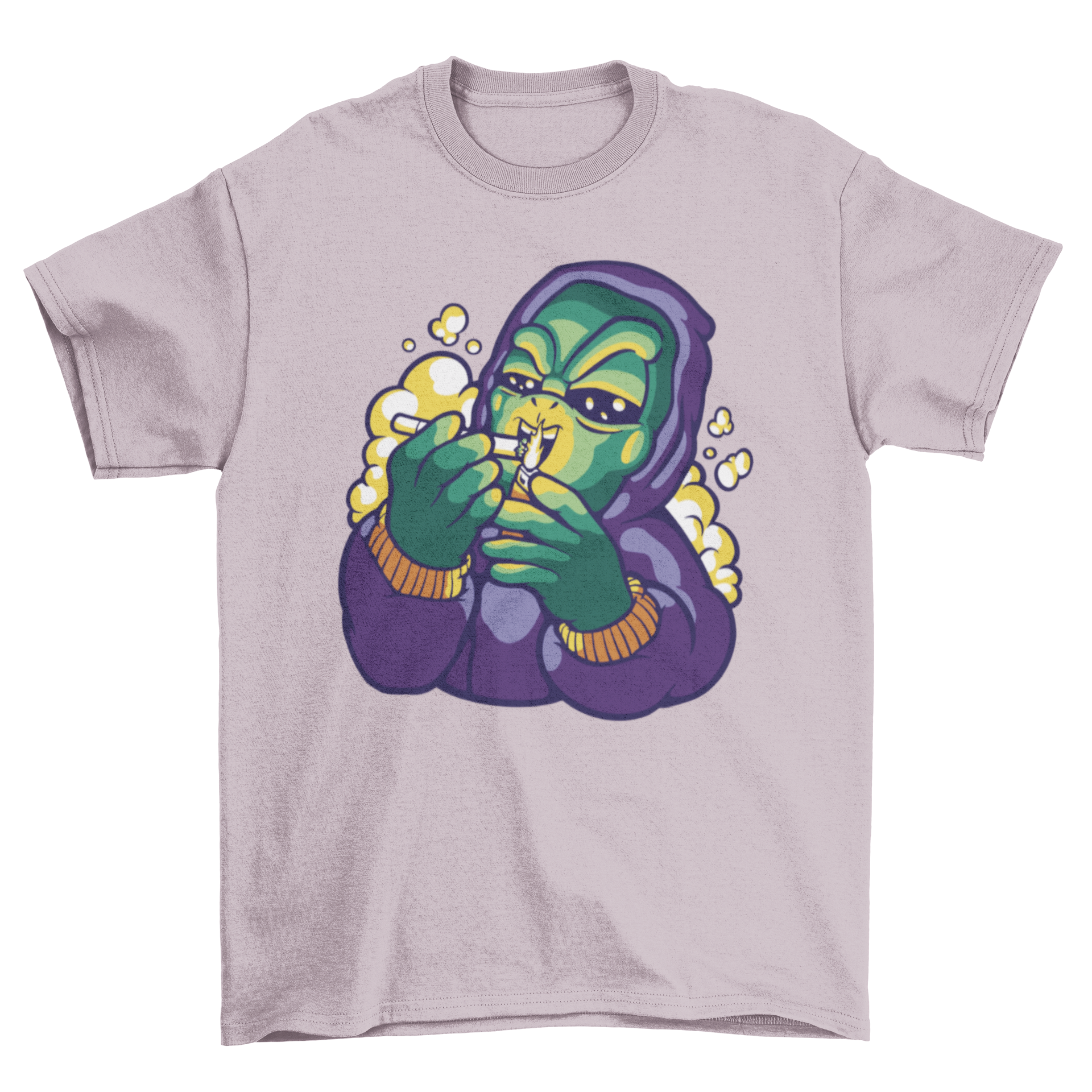 A vibrant cartoon t-shirt featuring an alien in a hoodie smoking weed, showcasing a fun and unique design.