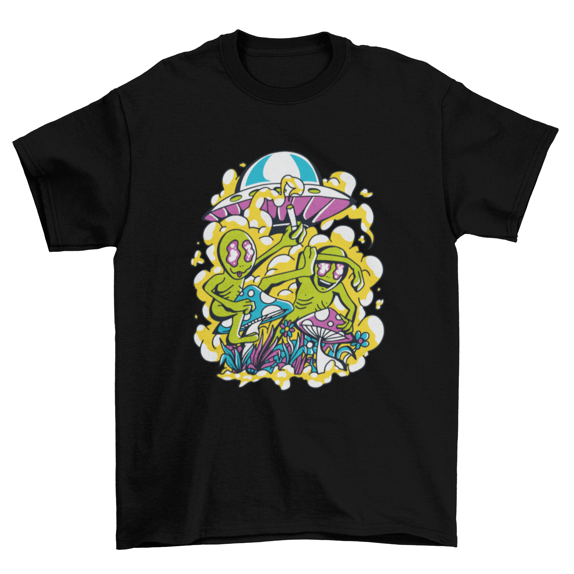A colorful t-shirt design featuring two playful aliens sitting on vibrant mushrooms, showcasing a fun and imaginative theme.