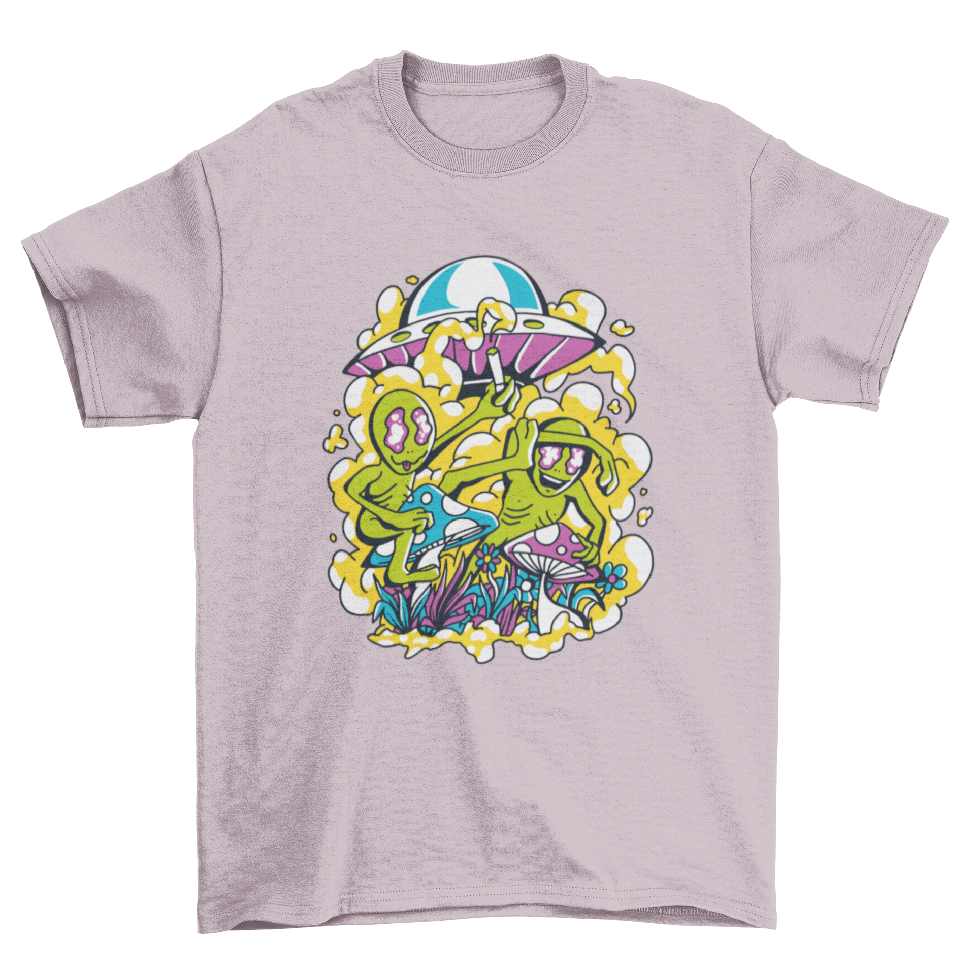 A colorful t-shirt design featuring two playful aliens sitting on vibrant mushrooms, showcasing a fun and imaginative theme.