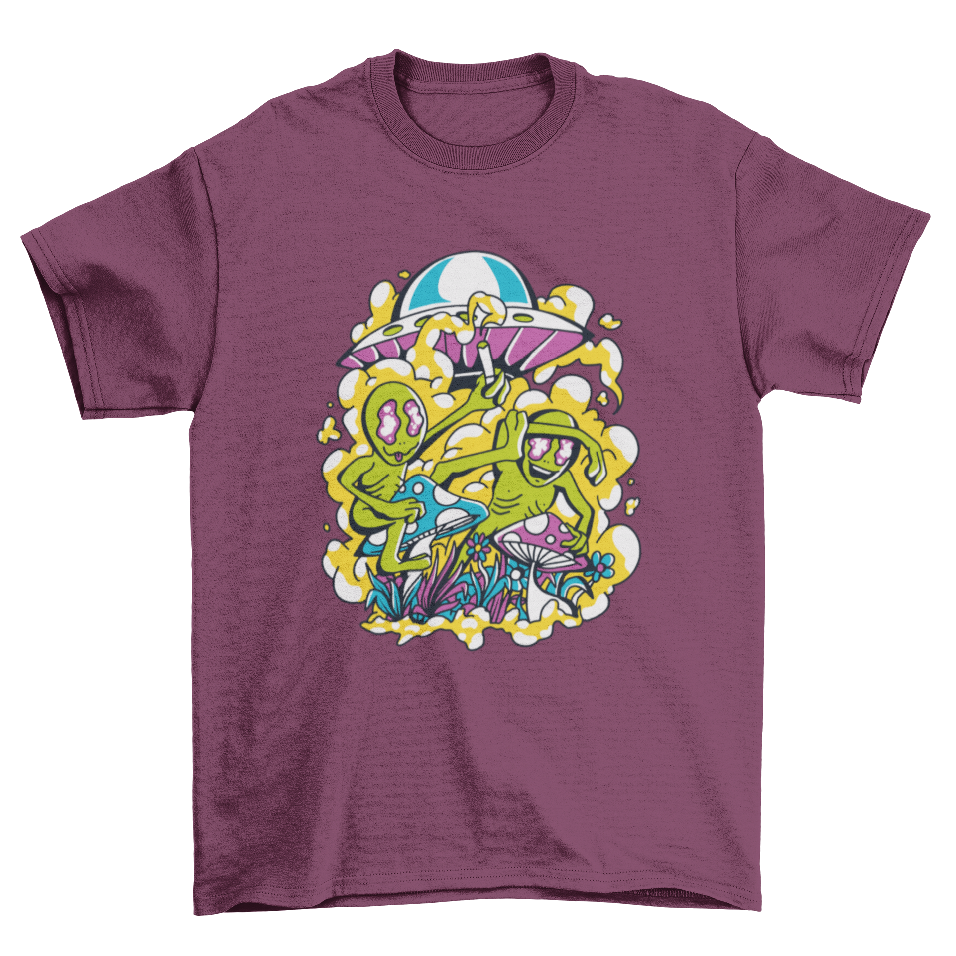 A colorful t-shirt design featuring two playful aliens sitting on vibrant mushrooms, showcasing a fun and imaginative theme.