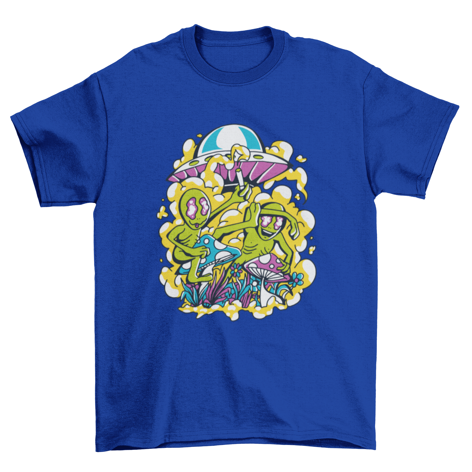 A colorful t-shirt design featuring two playful aliens sitting on vibrant mushrooms, showcasing a fun and imaginative theme.