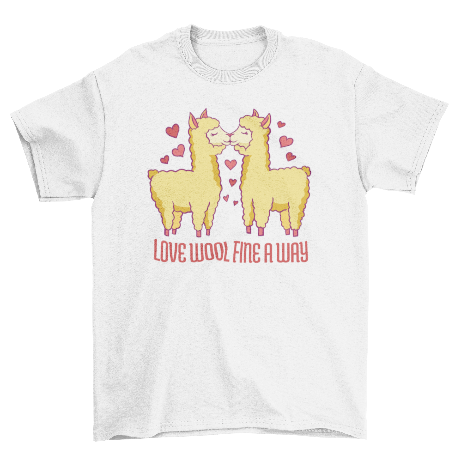 A humorous t-shirt featuring two alpacas kissing with the caption 'Love wool fine a way', perfect for alpaca lovers.