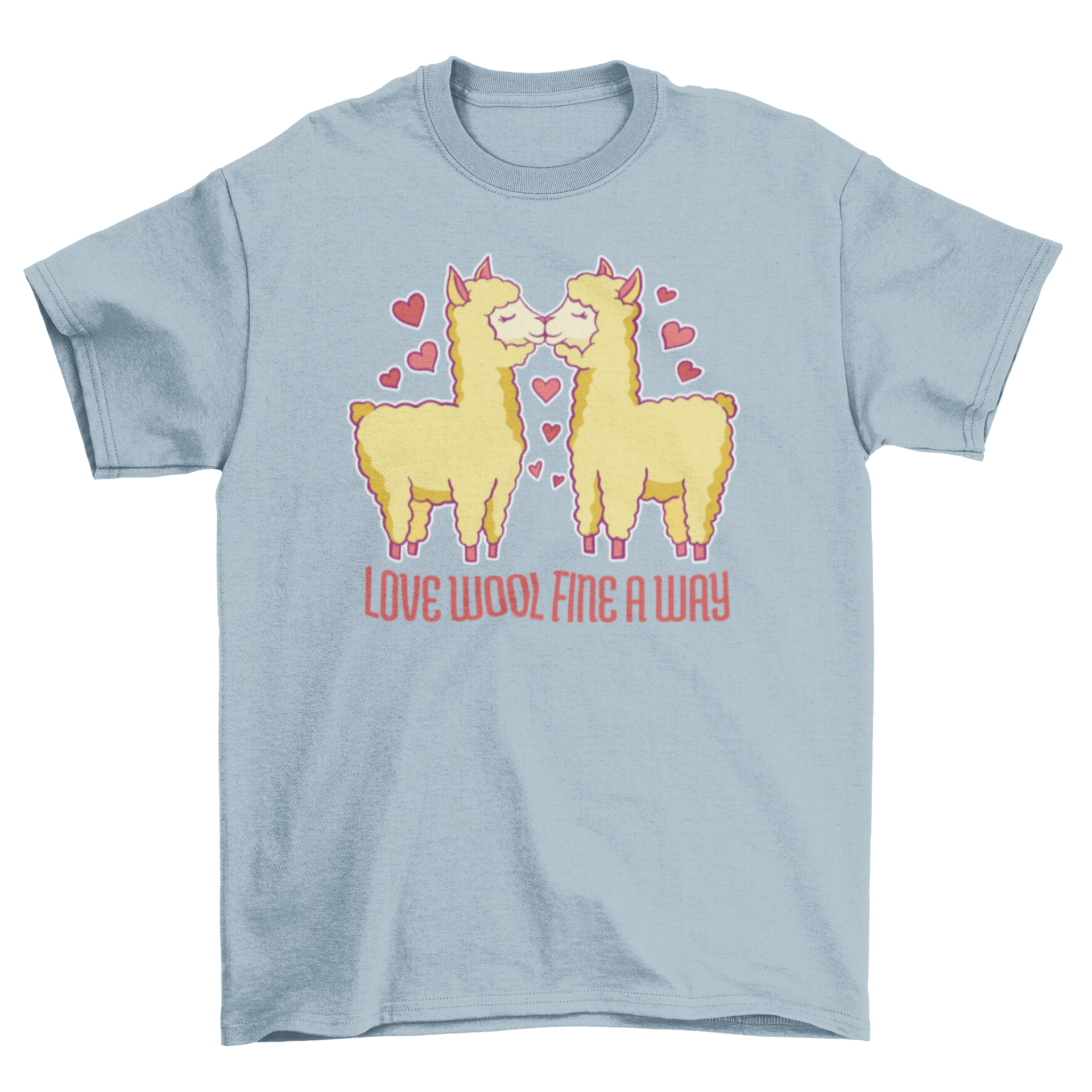 A humorous t-shirt featuring two alpacas kissing with the caption 'Love wool fine a way', perfect for alpaca lovers.