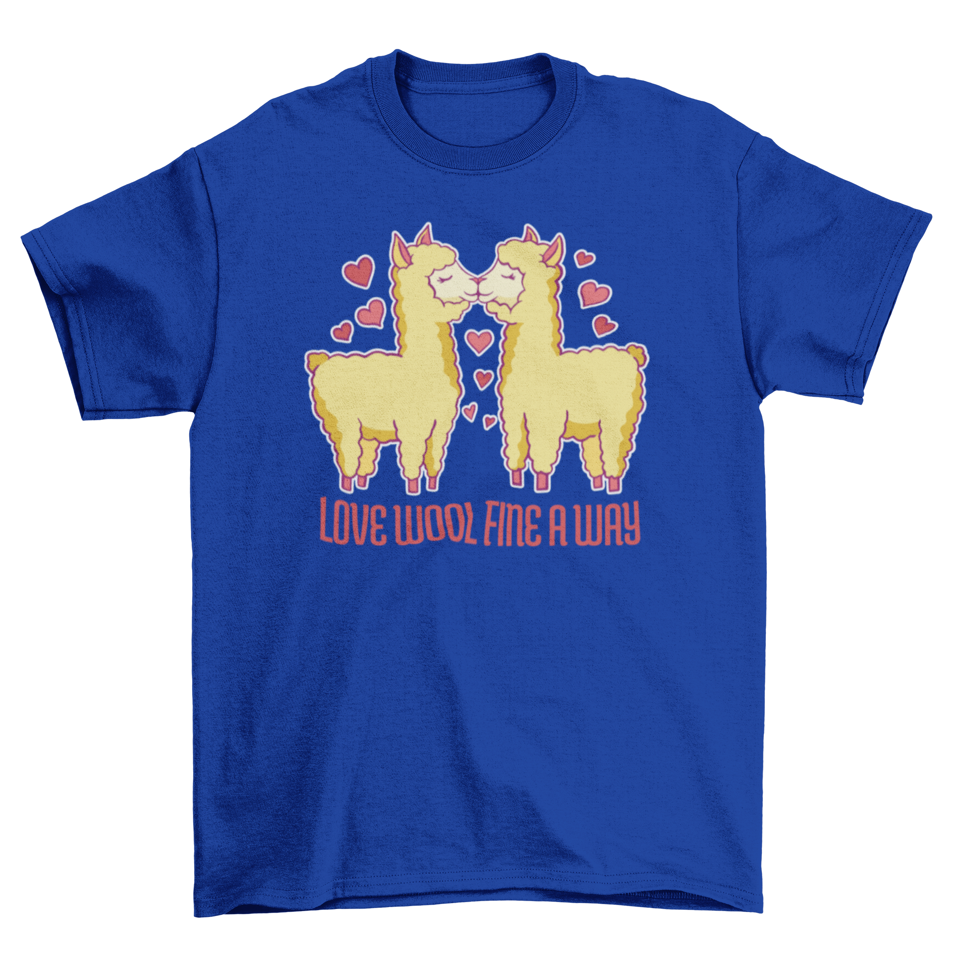A humorous t-shirt featuring two alpacas kissing with the caption 'Love wool fine a way', perfect for alpaca lovers.